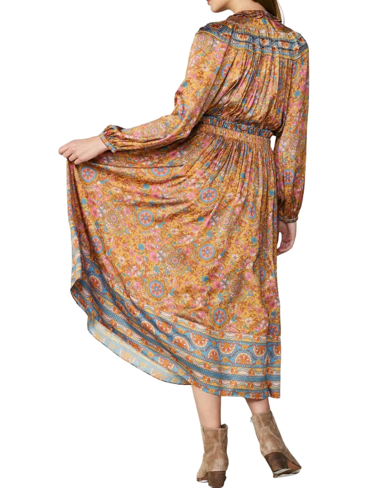 Current Air L/S Split Neck Long Dress in Marmalade Multi Print