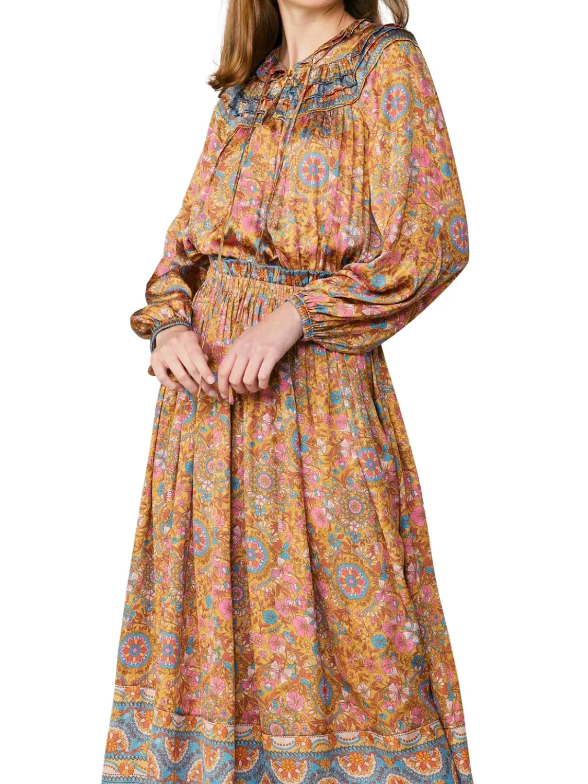 Current Air L/S Split Neck Long Dress in Marmalade Multi Print
