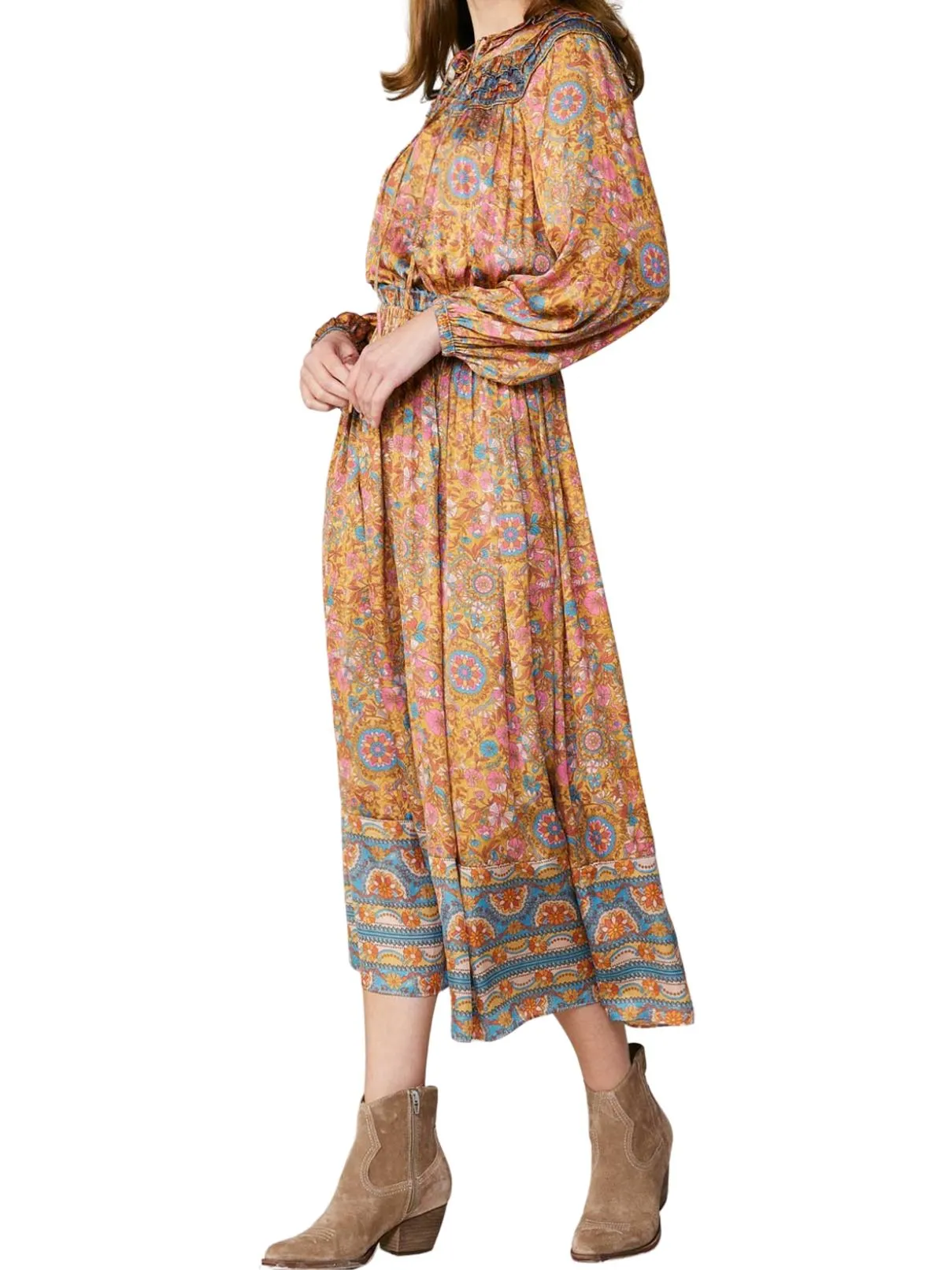 Current Air L/S Split Neck Long Dress in Marmalade Multi Print