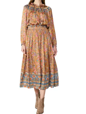 Current Air L/S Split Neck Long Dress in Marmalade Multi Print