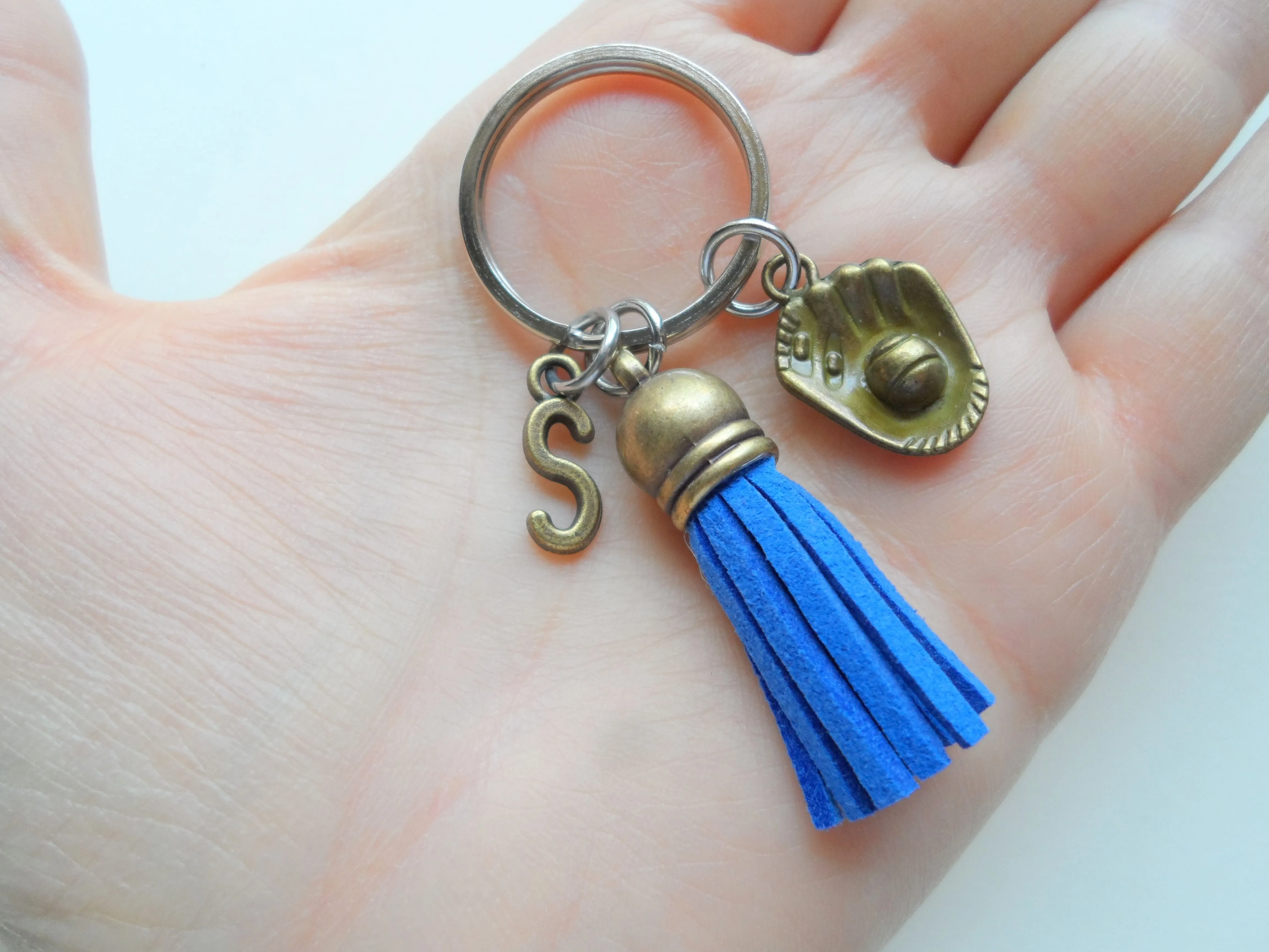 Custom Bronze Baseball Mitt Charm & Tassel Keychain with Add-on Letter Charm, Graduate Keychain, Baseball or Softball Player Keychain