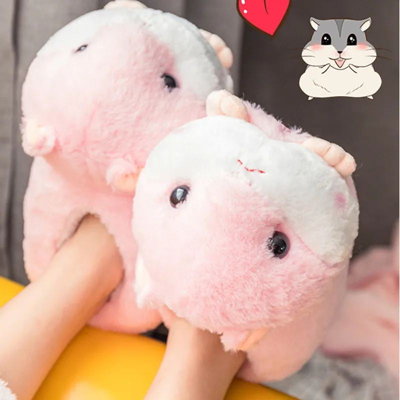Cute Hamster Slippers Cartoon Design Winter Warm Ladies Plush Shoes