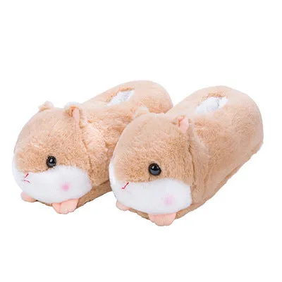 Cute Hamster Slippers Cartoon Design Winter Warm Ladies Plush Shoes