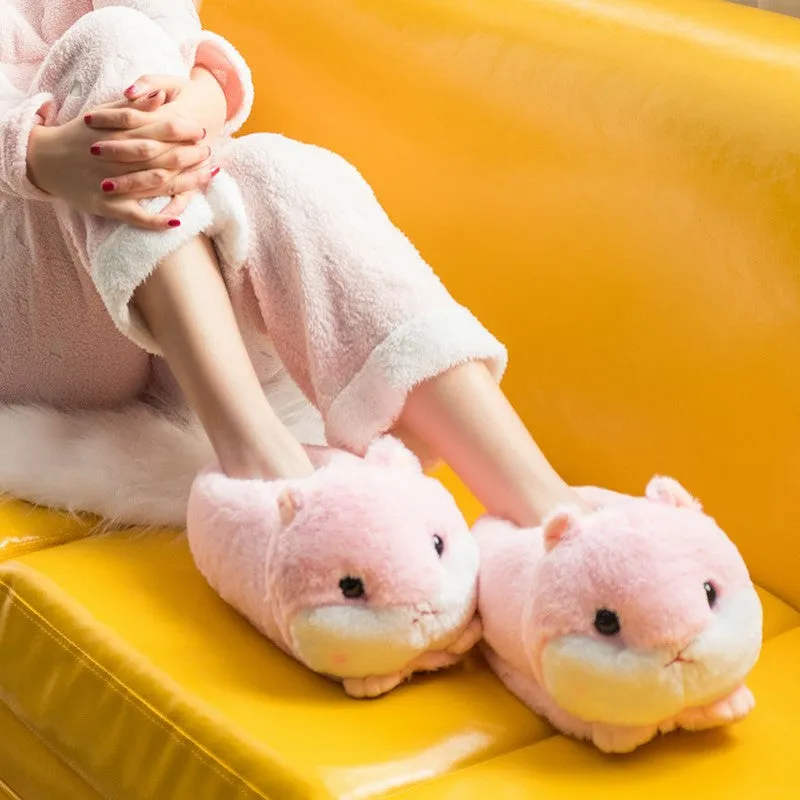 Cute Hamster Slippers Cartoon Design Winter Warm Ladies Plush Shoes