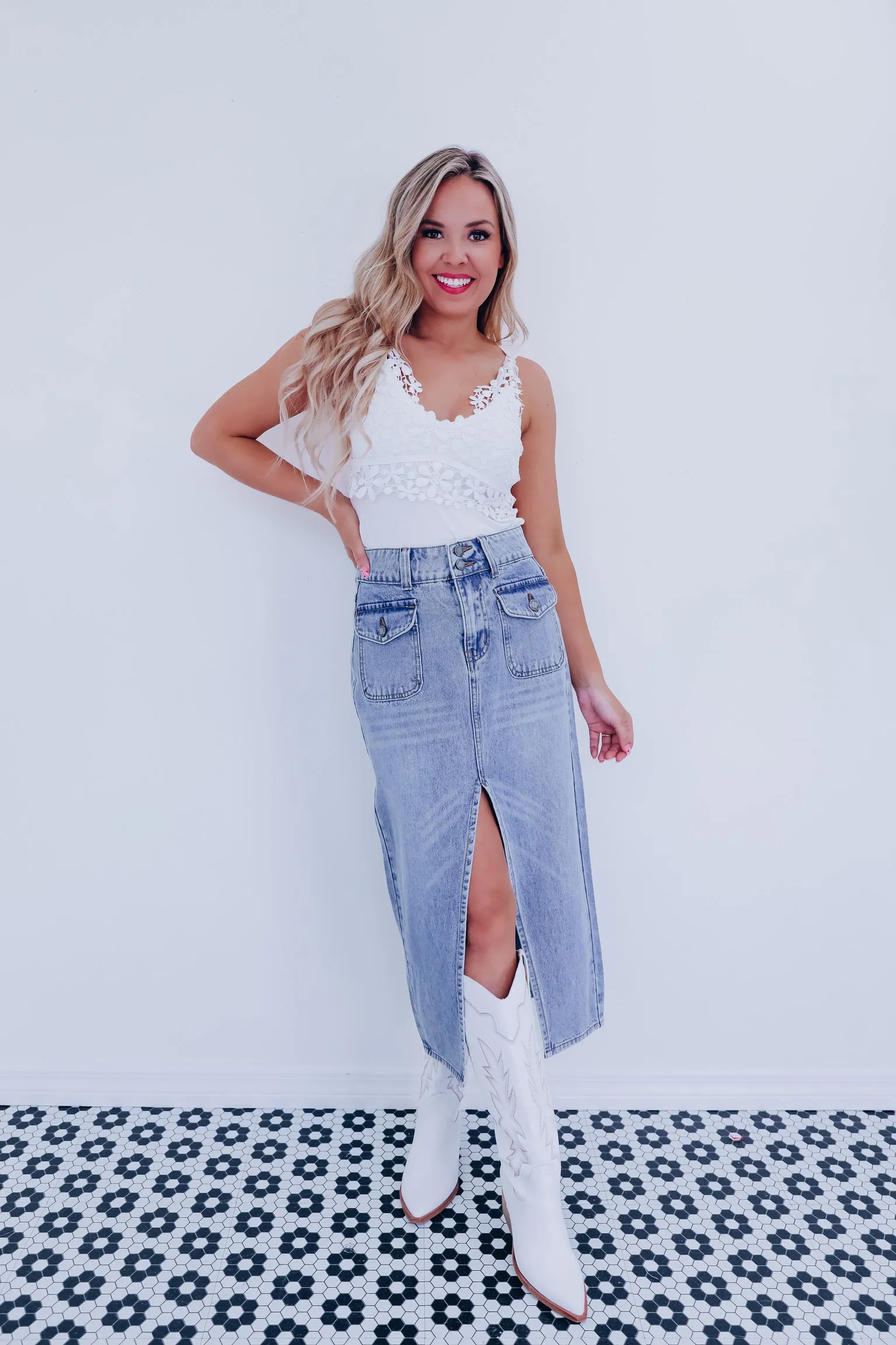 Cynthia Front Slit Midi Skirt - Denim