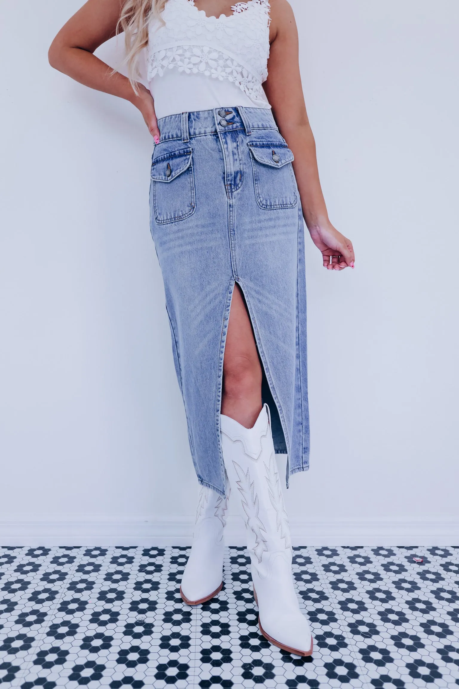 Cynthia Front Slit Midi Skirt - Denim