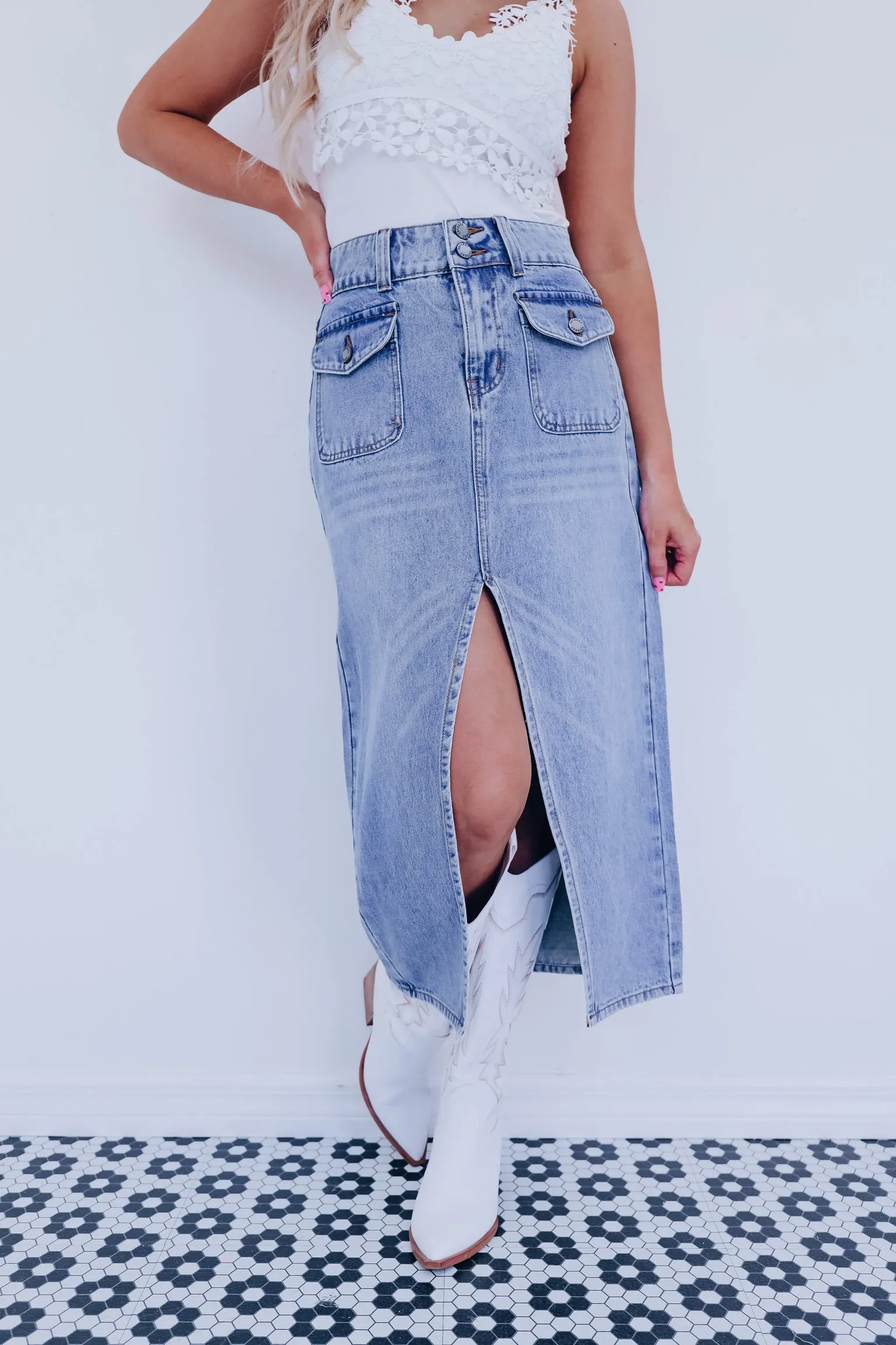 Cynthia Front Slit Midi Skirt - Denim