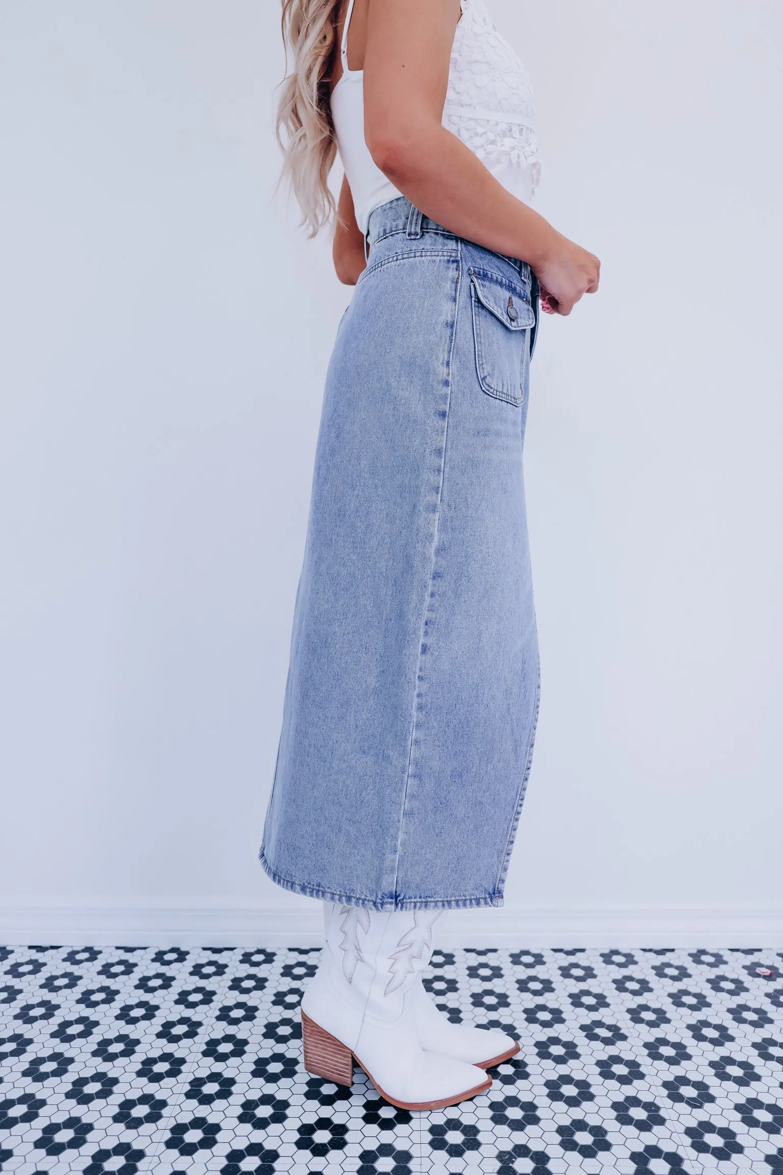 Cynthia Front Slit Midi Skirt - Denim