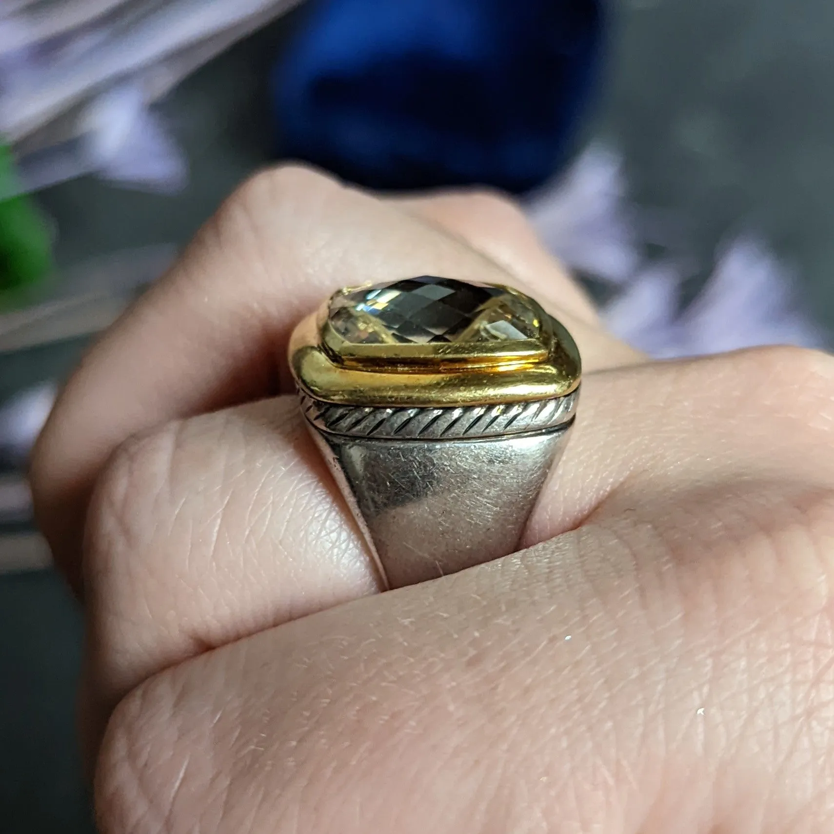 David Yurman Checkerboard Quartz 18 Karat Gold Sterling Silver Albion Cocktail Ring