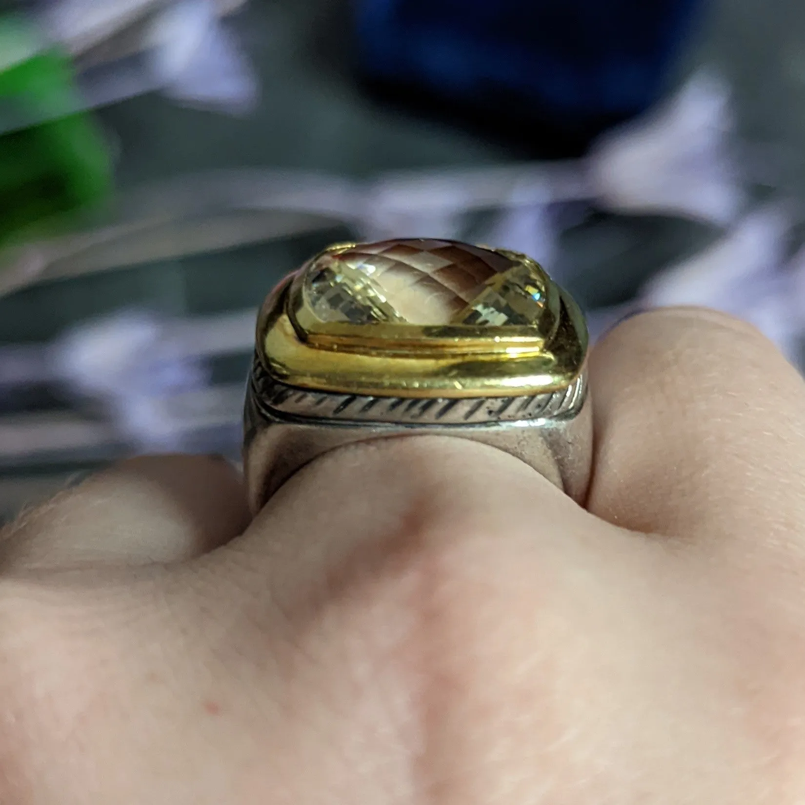 David Yurman Checkerboard Quartz 18 Karat Gold Sterling Silver Albion Cocktail Ring