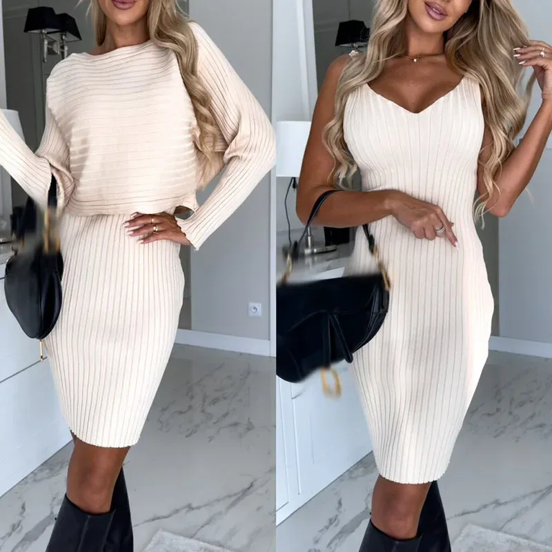 Elegant Knitted Sweater & Skirt Set – Chic O-Neck Two-Piece Office & Evening Outfit