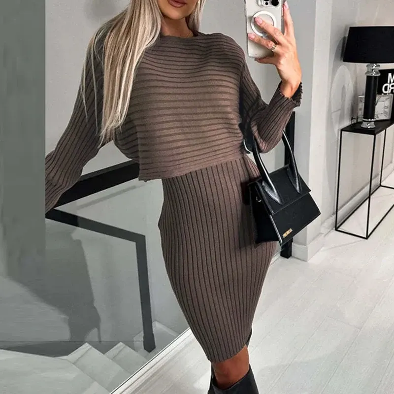 Elegant Knitted Sweater & Skirt Set – Chic O-Neck Two-Piece Office & Evening Outfit