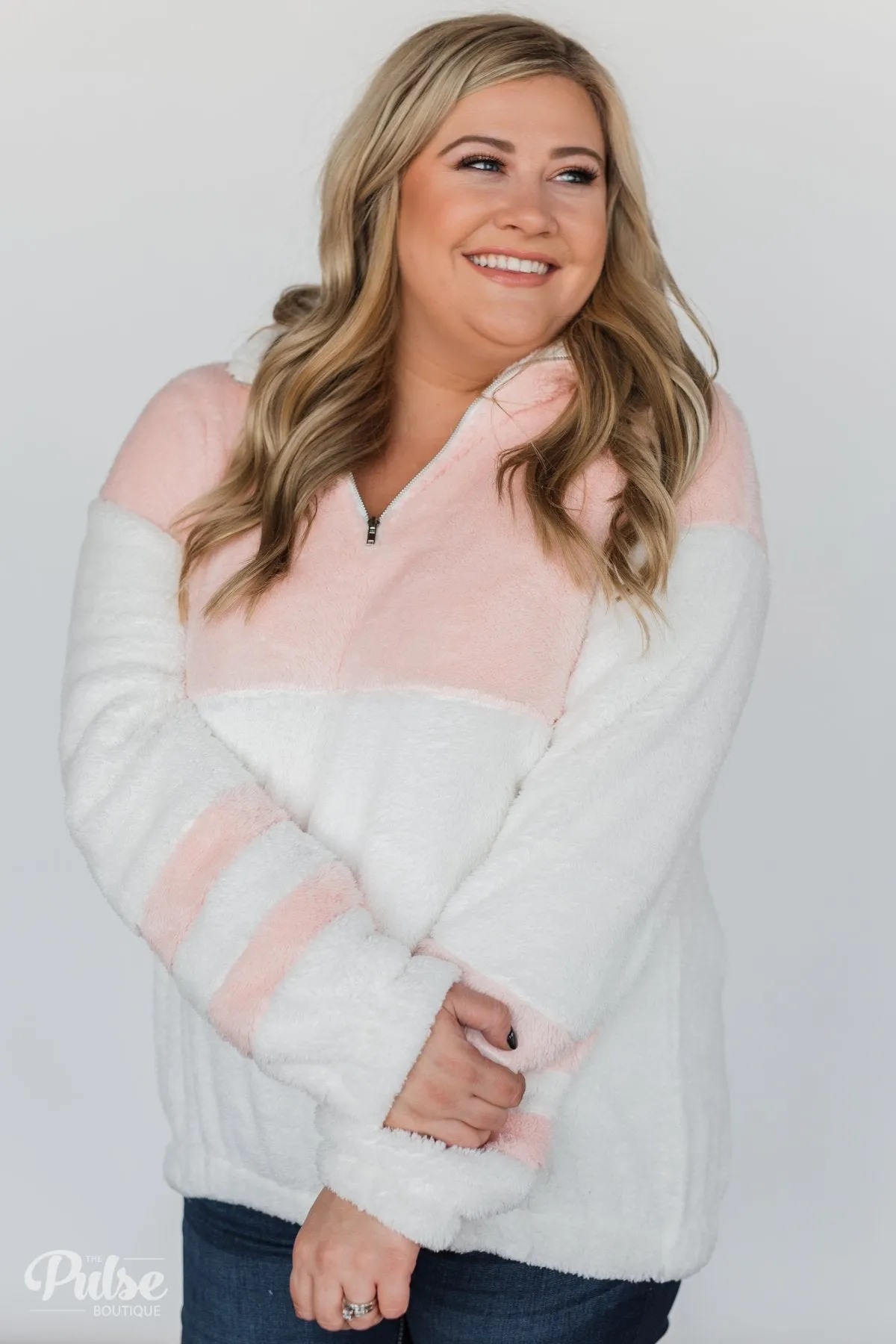 Embrace Cozy Quarter Zip Pullover- White & Blush