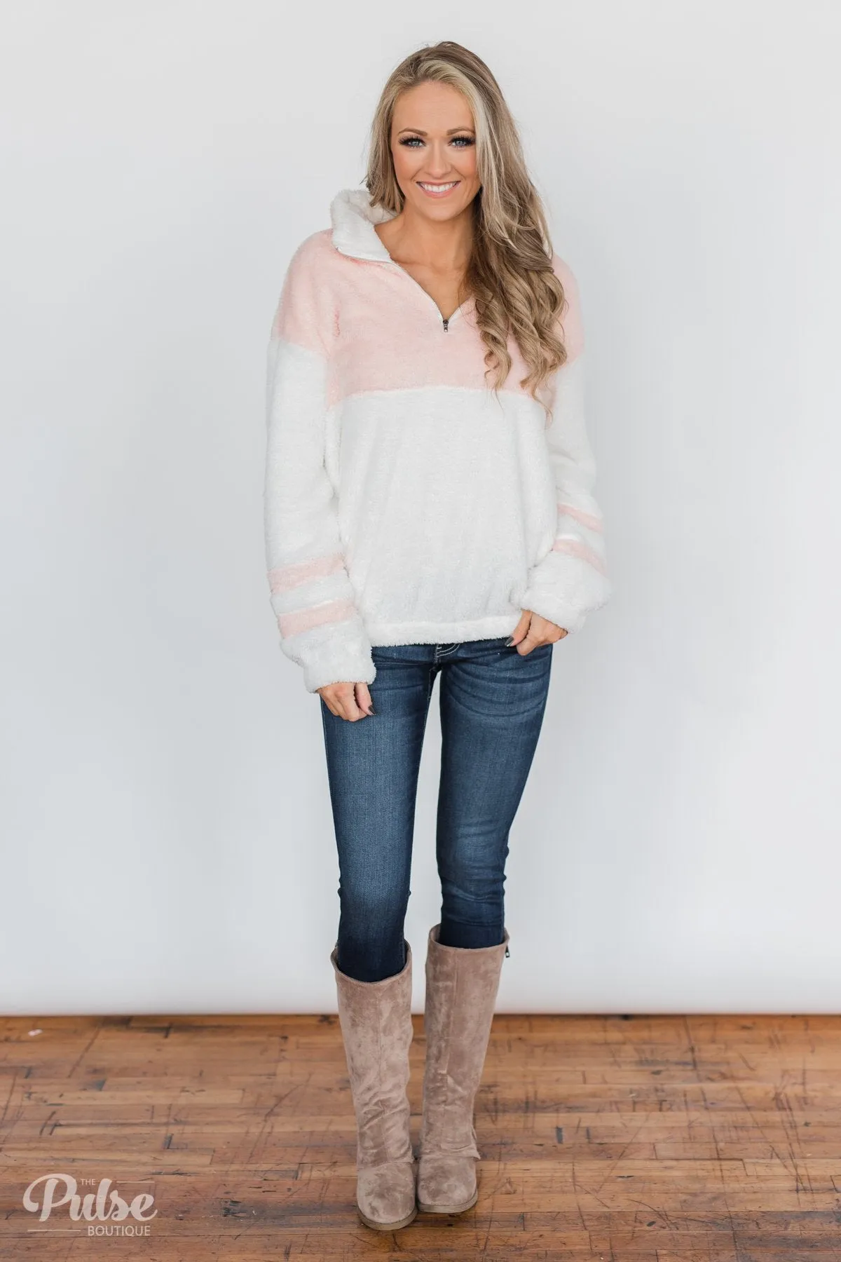 Embrace Cozy Quarter Zip Pullover- White & Blush