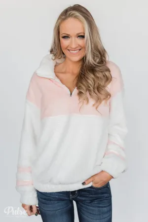 Embrace Cozy Quarter Zip Pullover- White & Blush