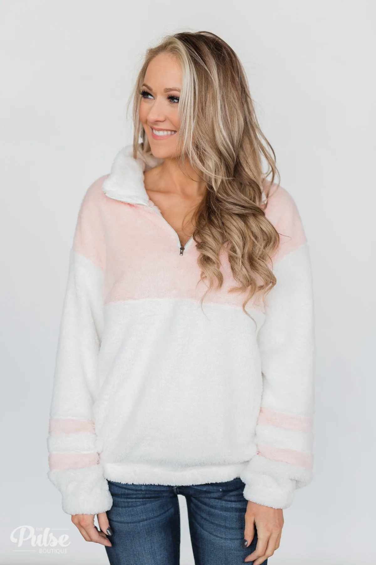 Embrace Cozy Quarter Zip Pullover- White & Blush
