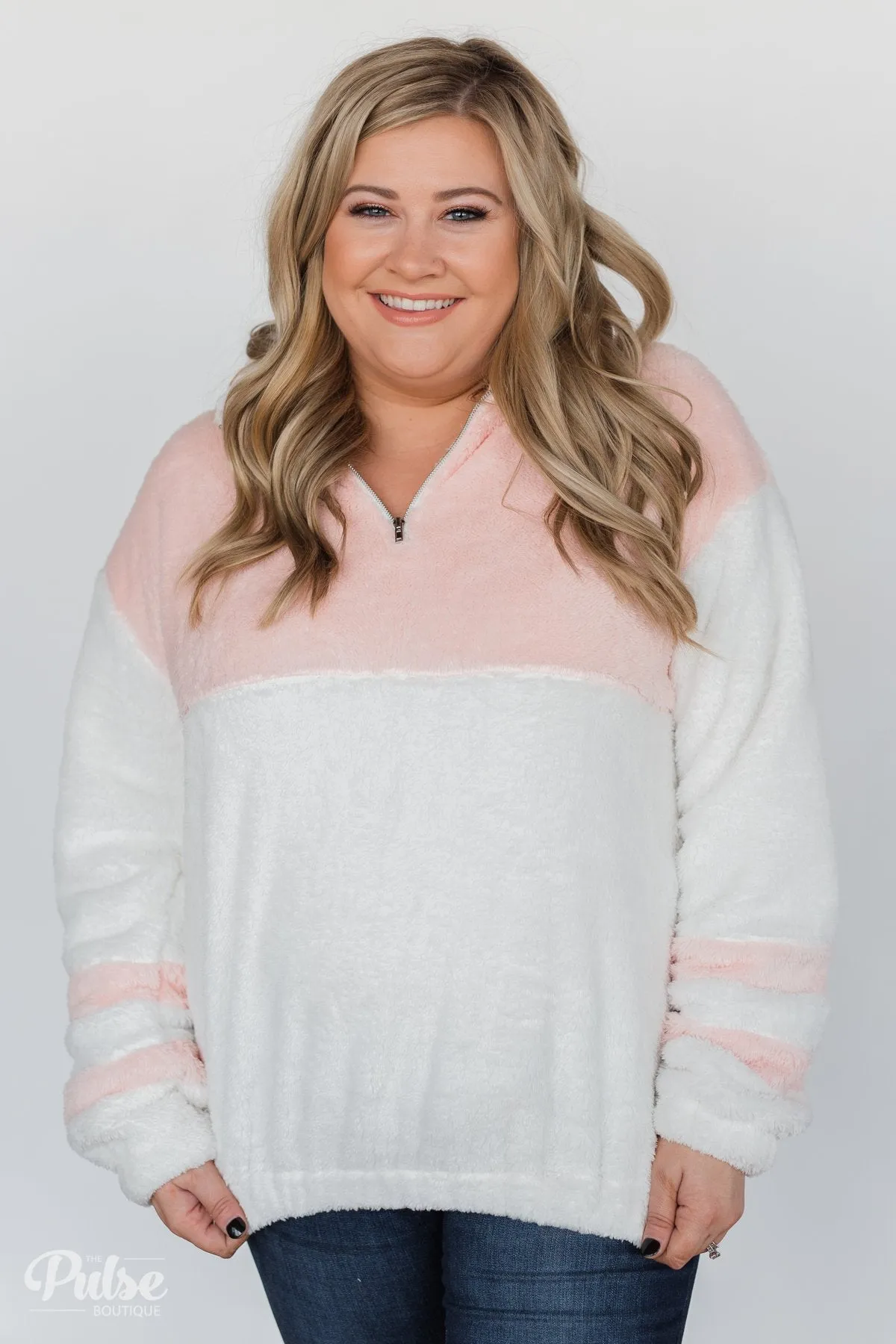 Embrace Cozy Quarter Zip Pullover- White & Blush