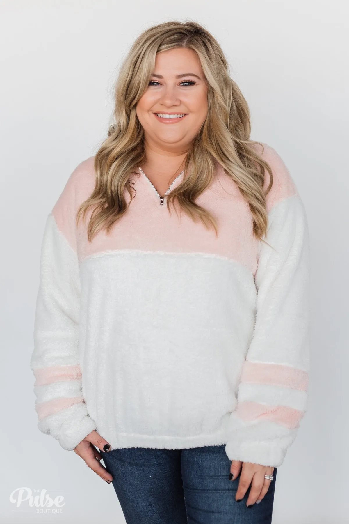 Embrace Cozy Quarter Zip Pullover- White & Blush