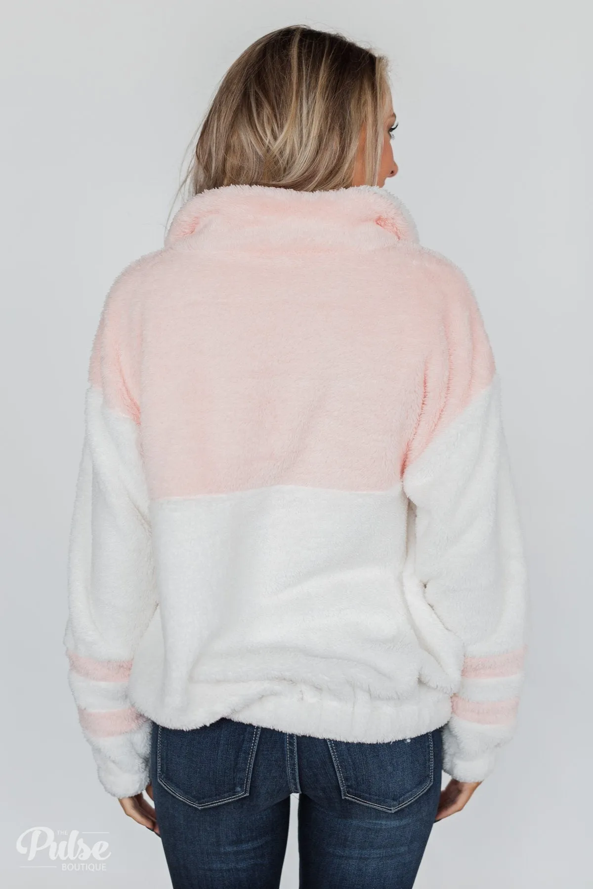 Embrace Cozy Quarter Zip Pullover- White & Blush