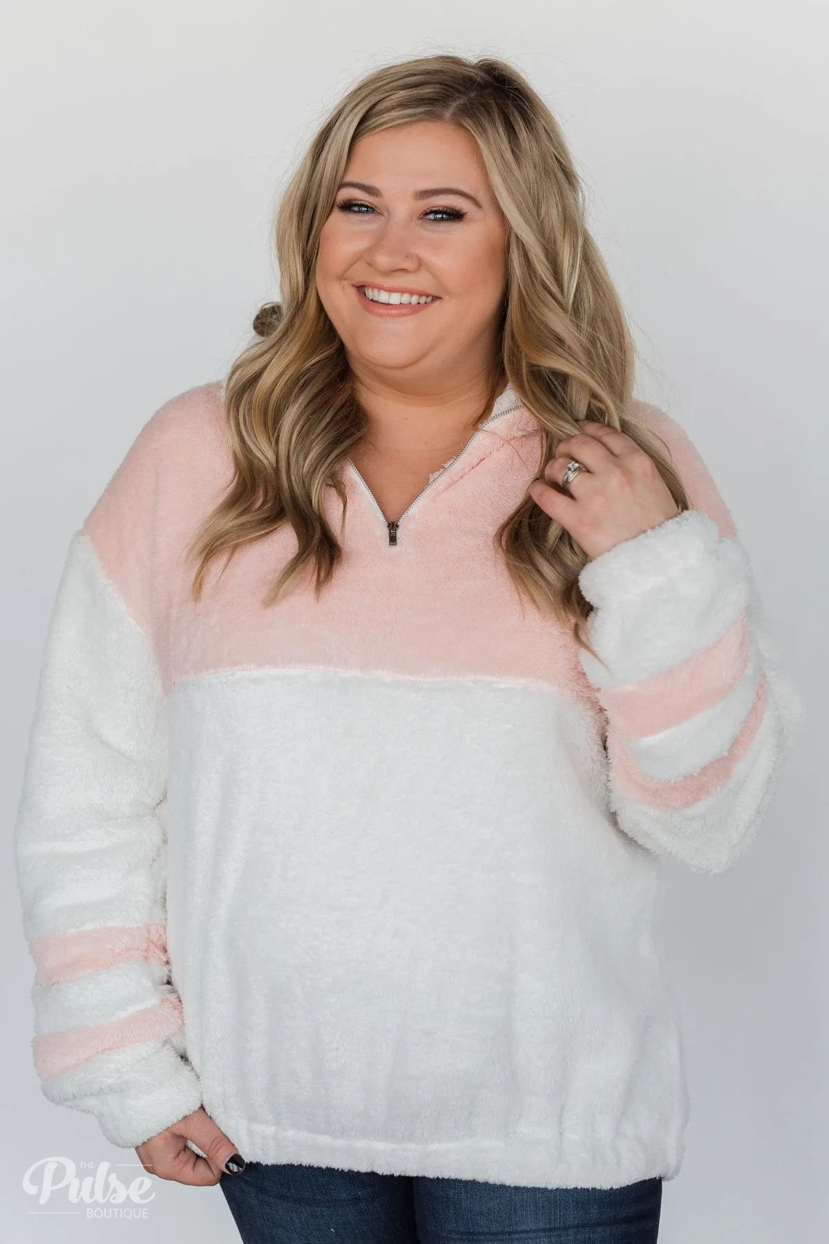Embrace Cozy Quarter Zip Pullover- White & Blush