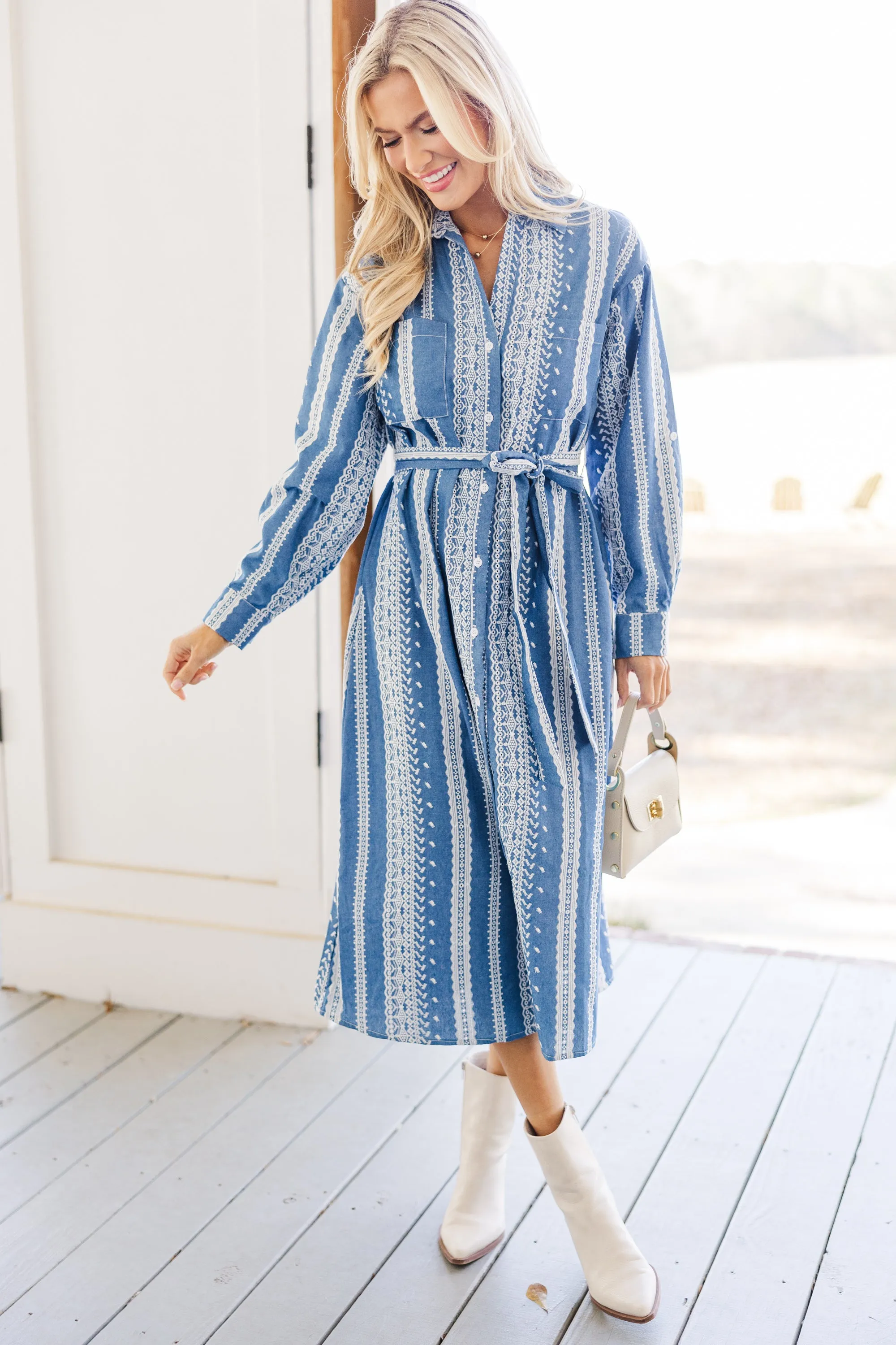 Feeling Confident Blue Embroidered Midi Dress