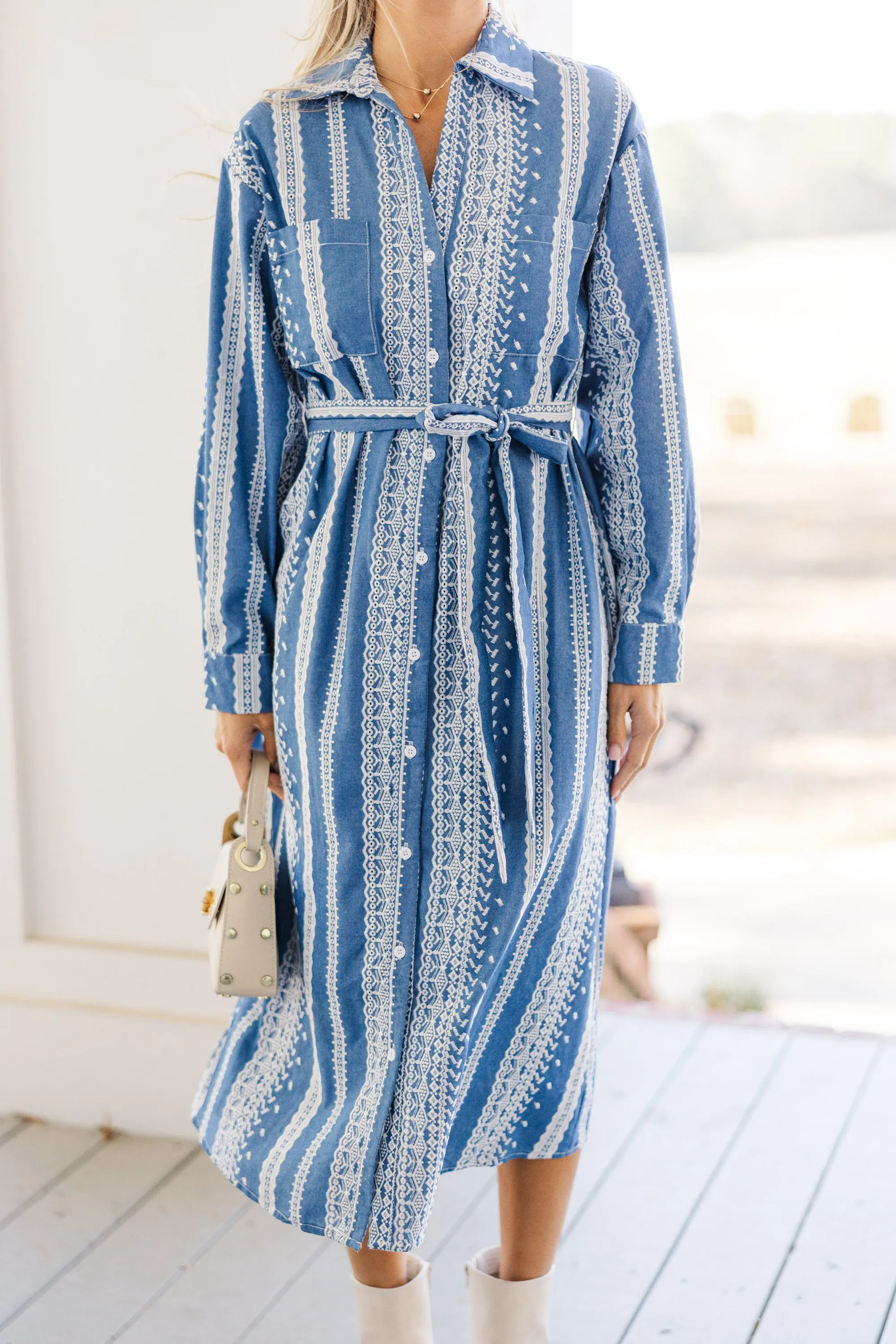 Feeling Confident Blue Embroidered Midi Dress
