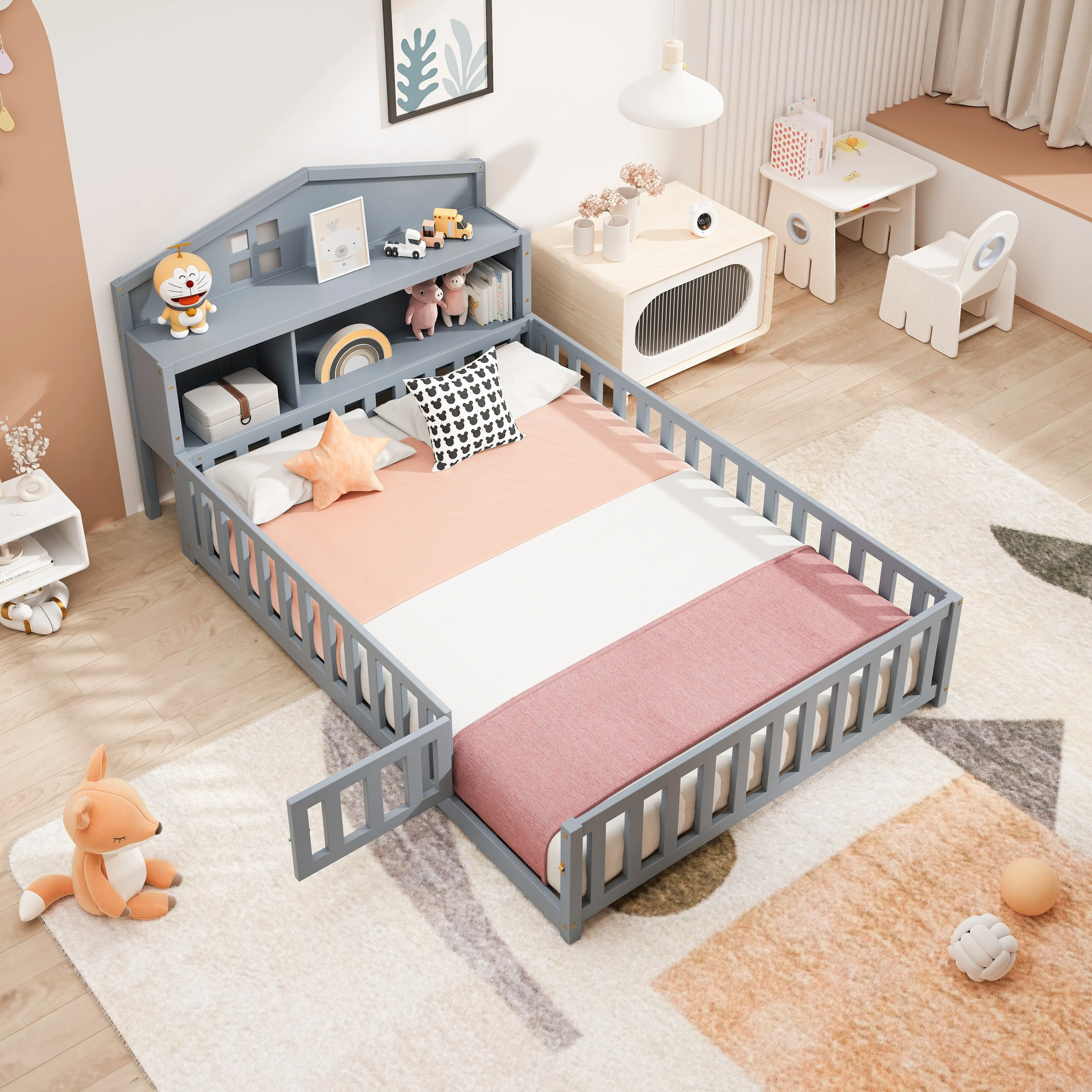Full-Size Montessori Floor Bed with Built-in Bookcase, Chalkboard, Guardrails, and Storage Headboard for Kids and Teens