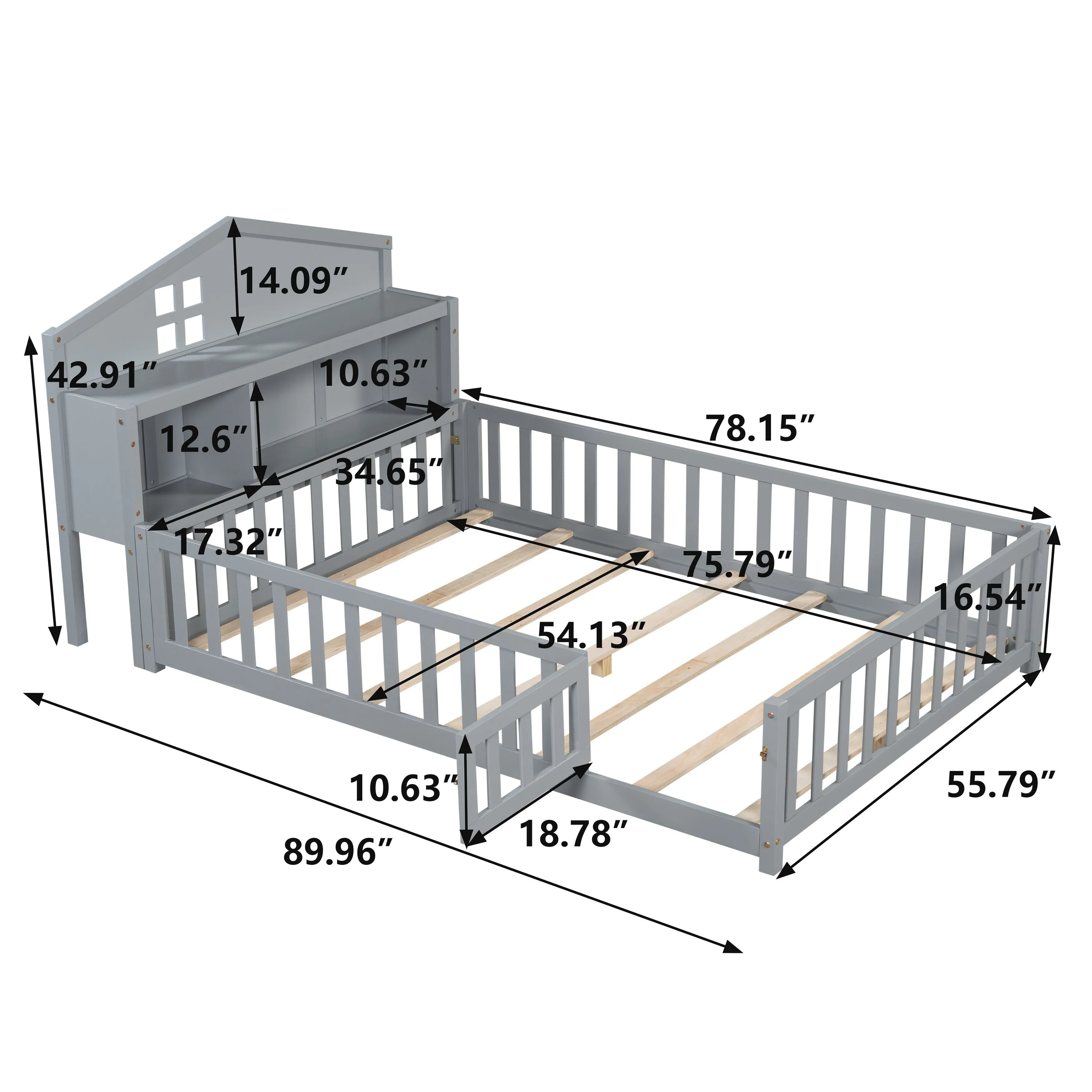 Full-Size Montessori Floor Bed with Built-in Bookcase, Chalkboard, Guardrails, and Storage Headboard for Kids and Teens