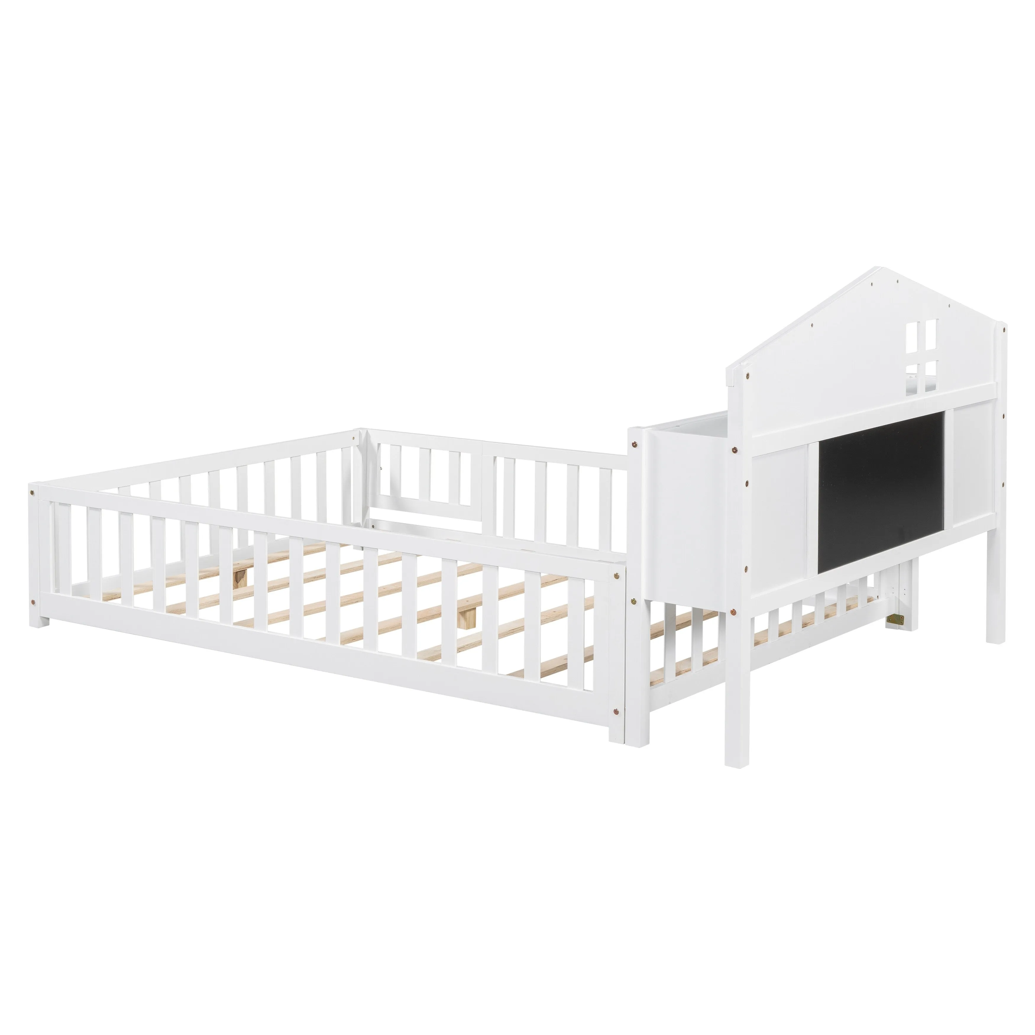 Full-Size Montessori Floor Bed with Built-in Bookcase, Chalkboard, Guardrails, and Storage Headboard for Kids and Teens