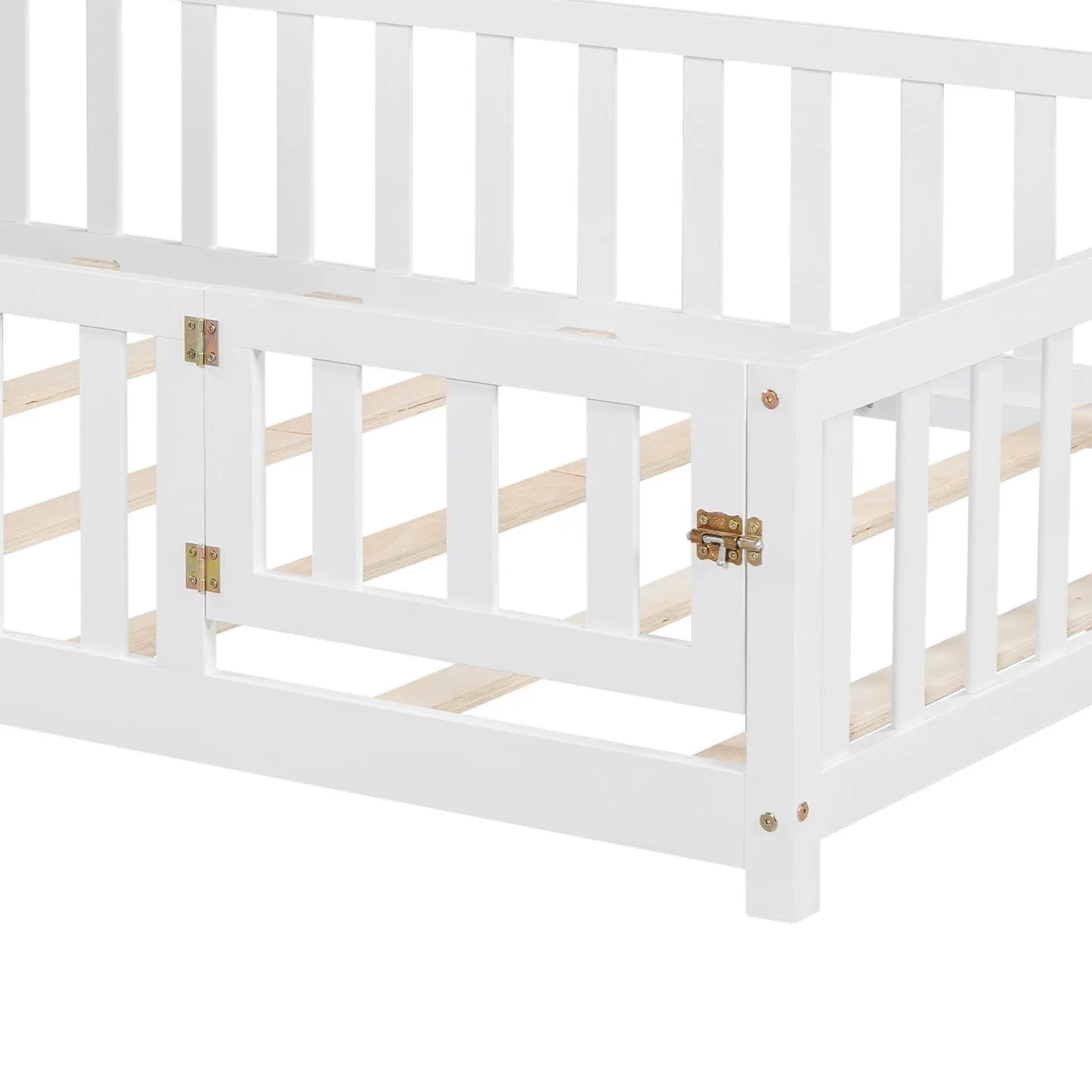 Full-Size Montessori Floor Bed with Built-in Bookcase, Chalkboard, Guardrails, and Storage Headboard for Kids and Teens