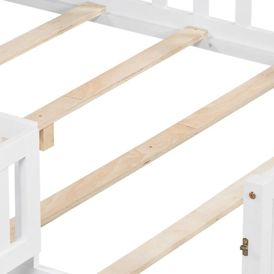 Full-Size Montessori Floor Bed with Built-in Bookcase, Chalkboard, Guardrails, and Storage Headboard for Kids and Teens
