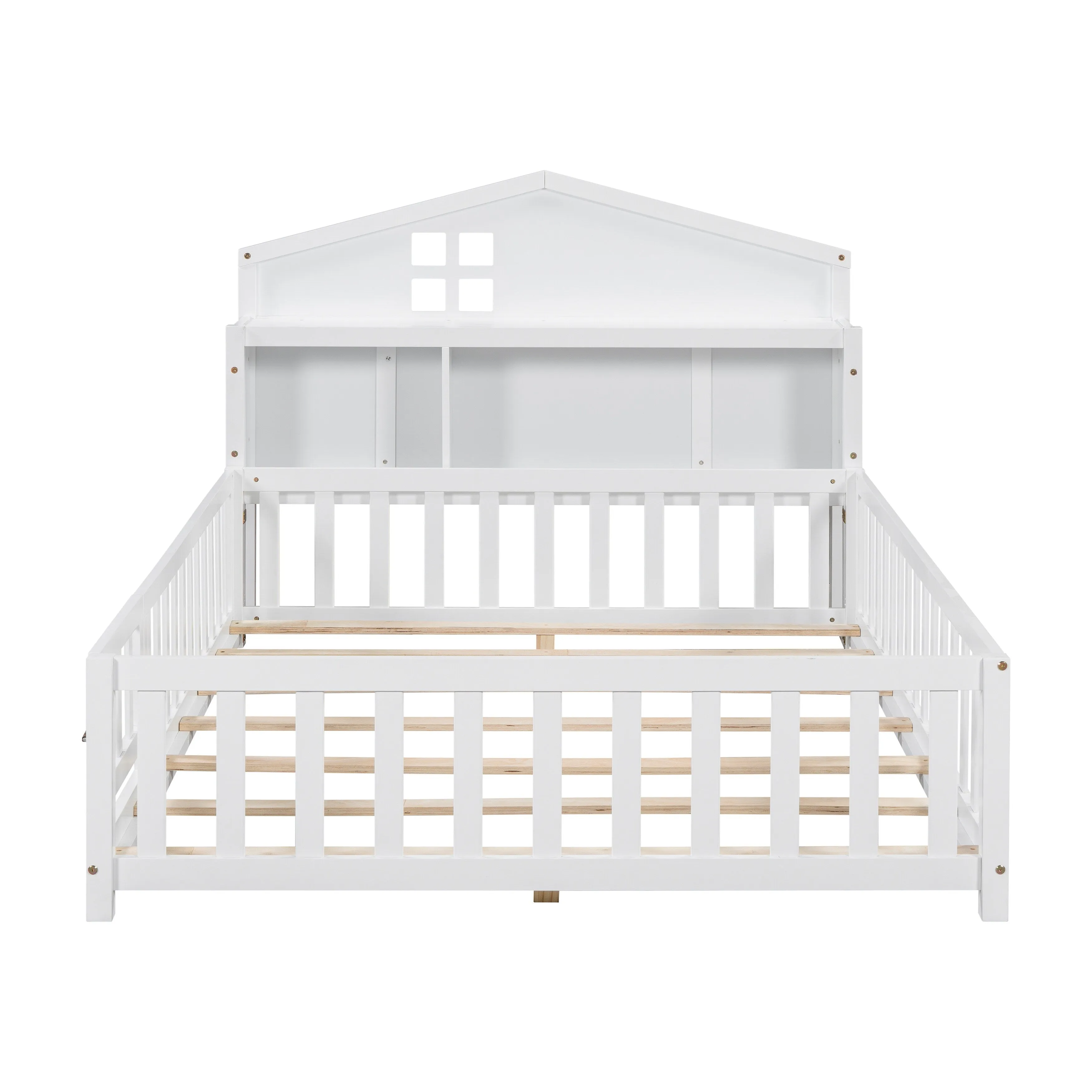 Full-Size Montessori Floor Bed with Built-in Bookcase, Chalkboard, Guardrails, and Storage Headboard for Kids and Teens