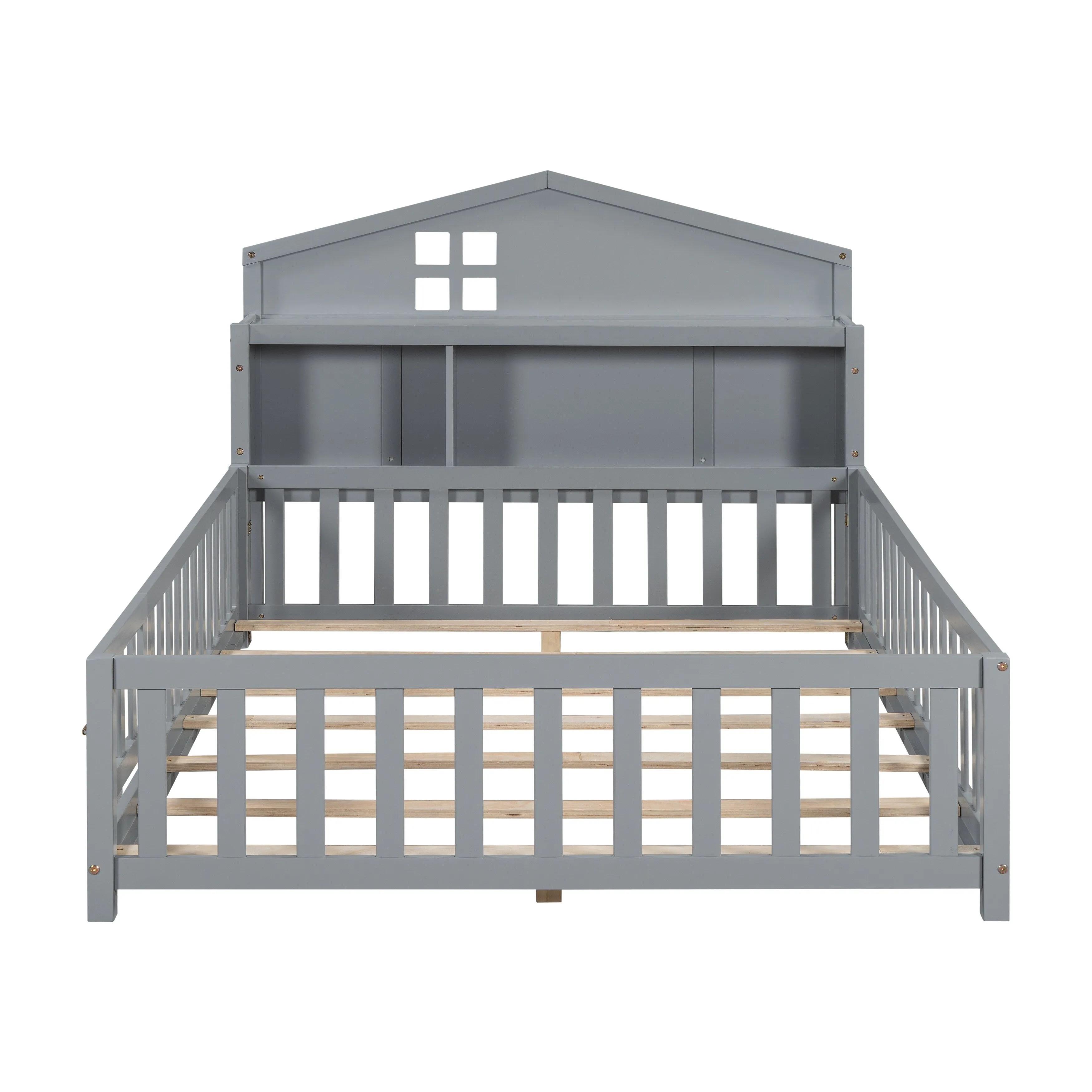 Full-Size Montessori Floor Bed with Built-in Bookcase, Chalkboard, Guardrails, and Storage Headboard for Kids and Teens
