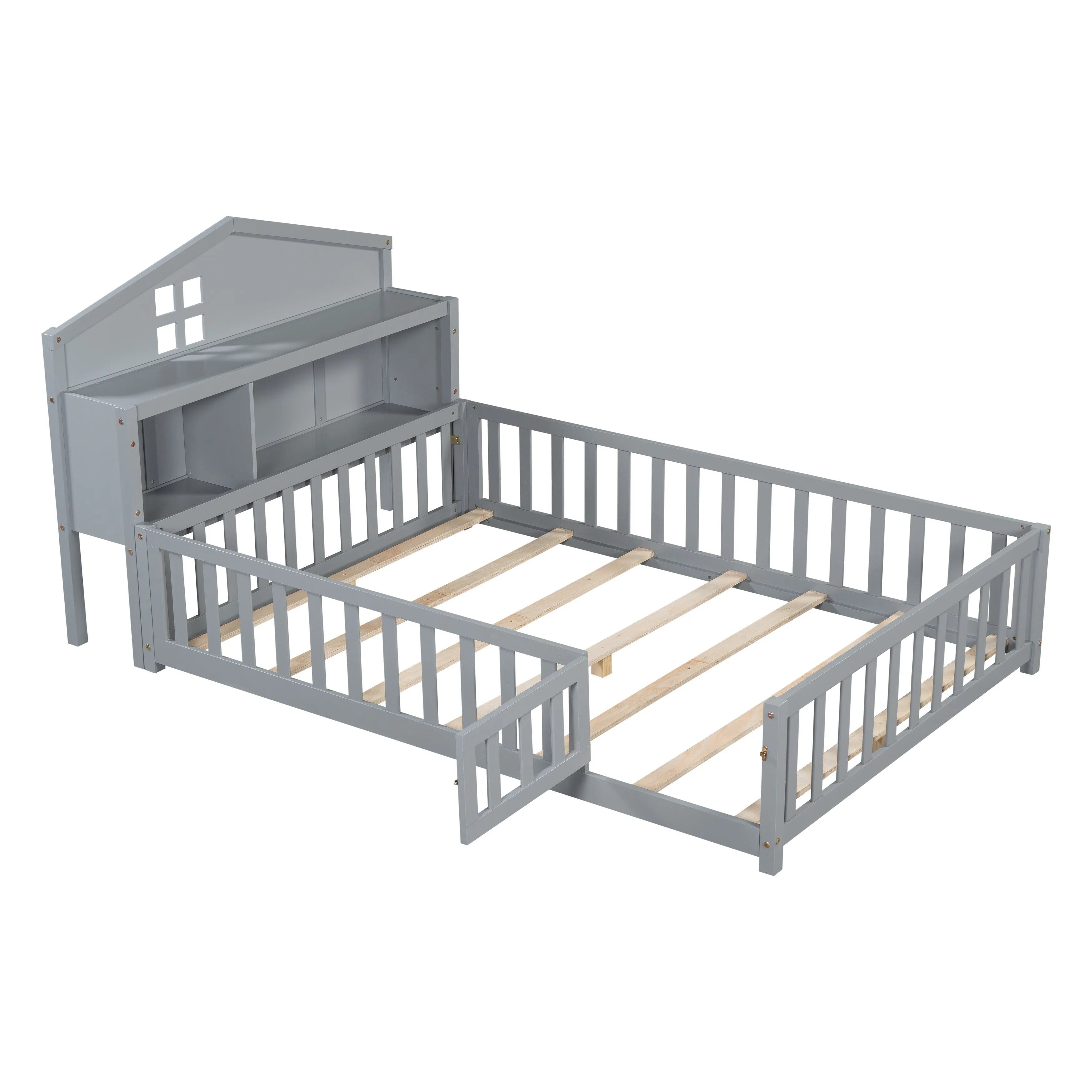 Full-Size Montessori Floor Bed with Built-in Bookcase, Chalkboard, Guardrails, and Storage Headboard for Kids and Teens