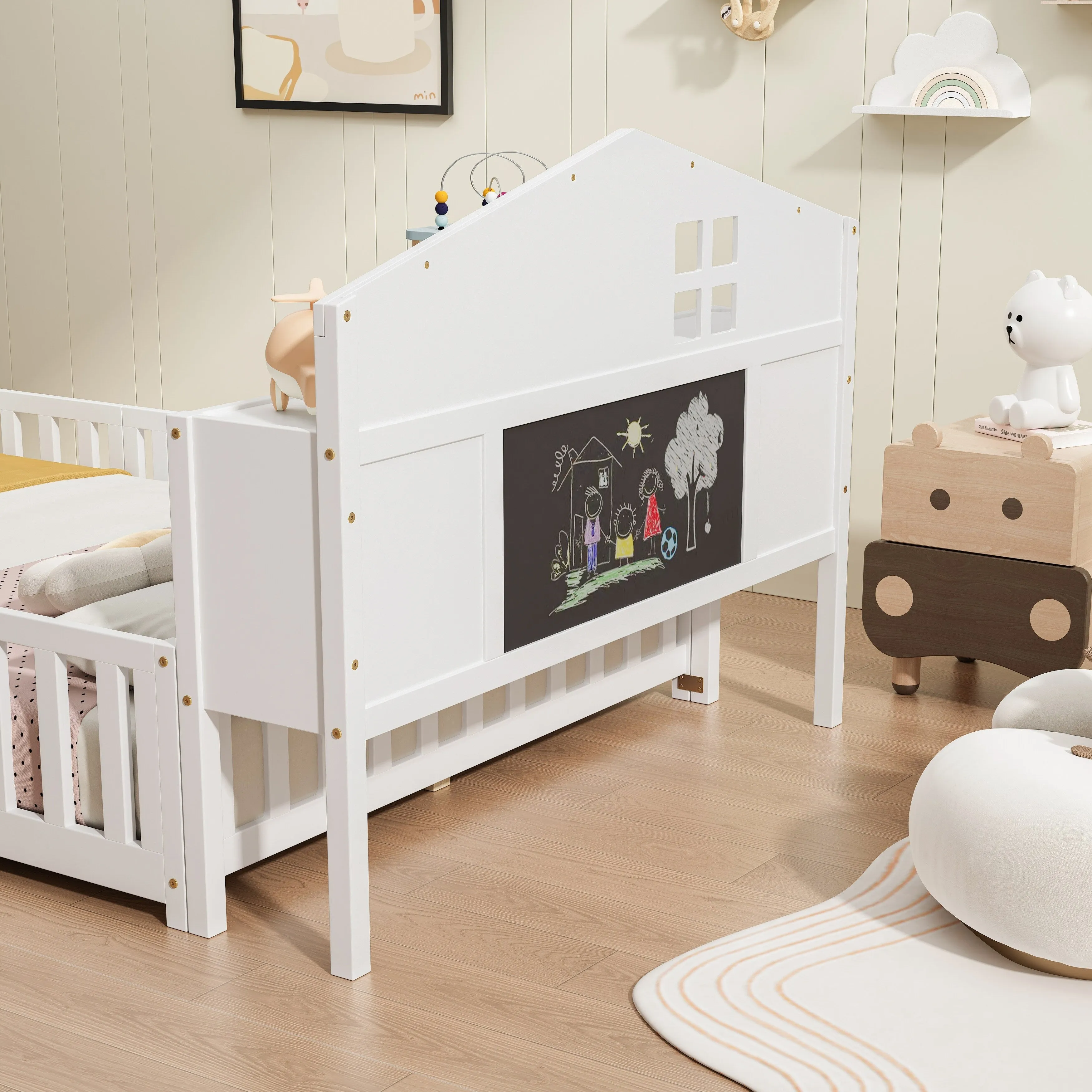 Full-Size Montessori Floor Bed with Built-in Bookcase, Chalkboard, Guardrails, and Storage Headboard for Kids and Teens