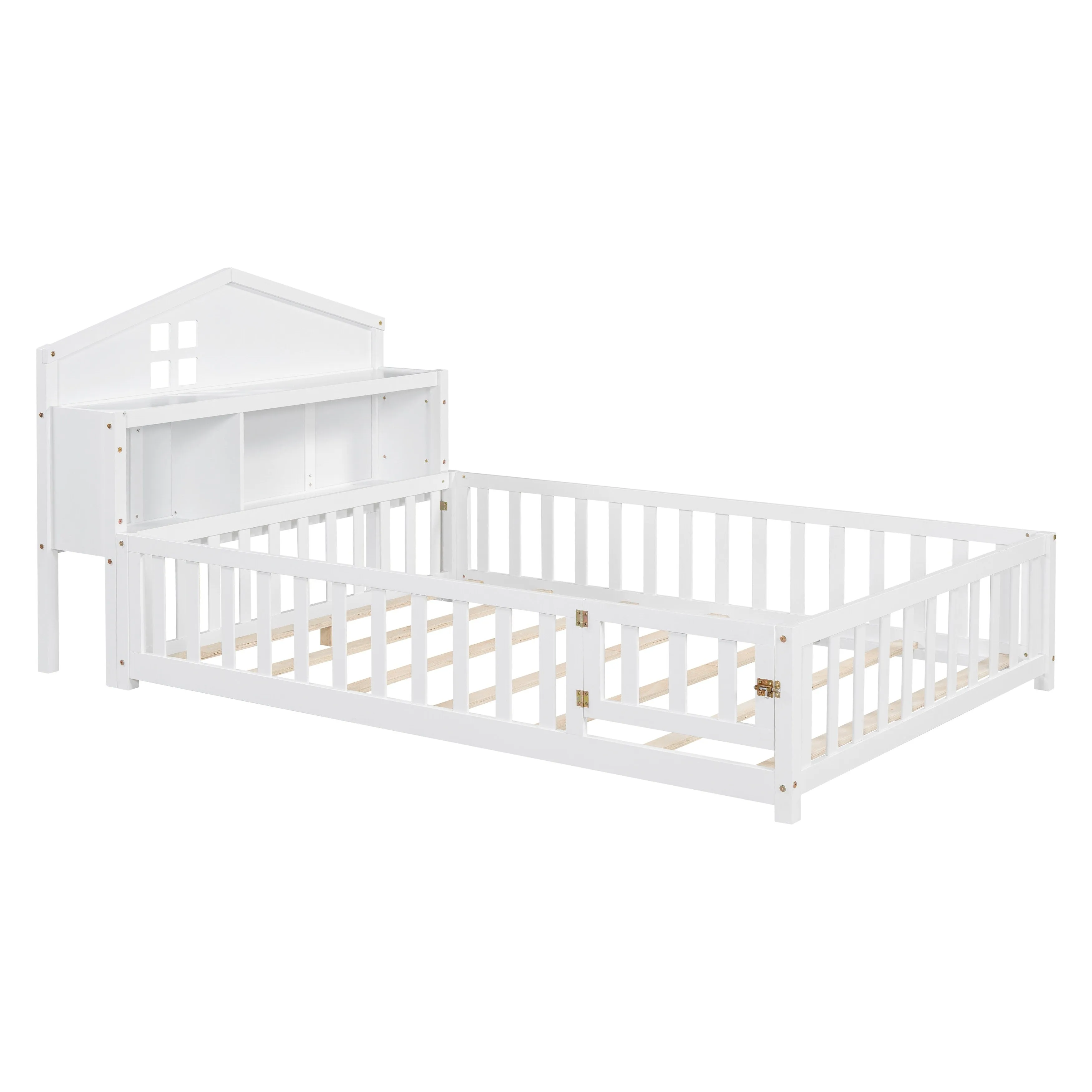 Full-Size Montessori Floor Bed with Built-in Bookcase, Chalkboard, Guardrails, and Storage Headboard for Kids and Teens