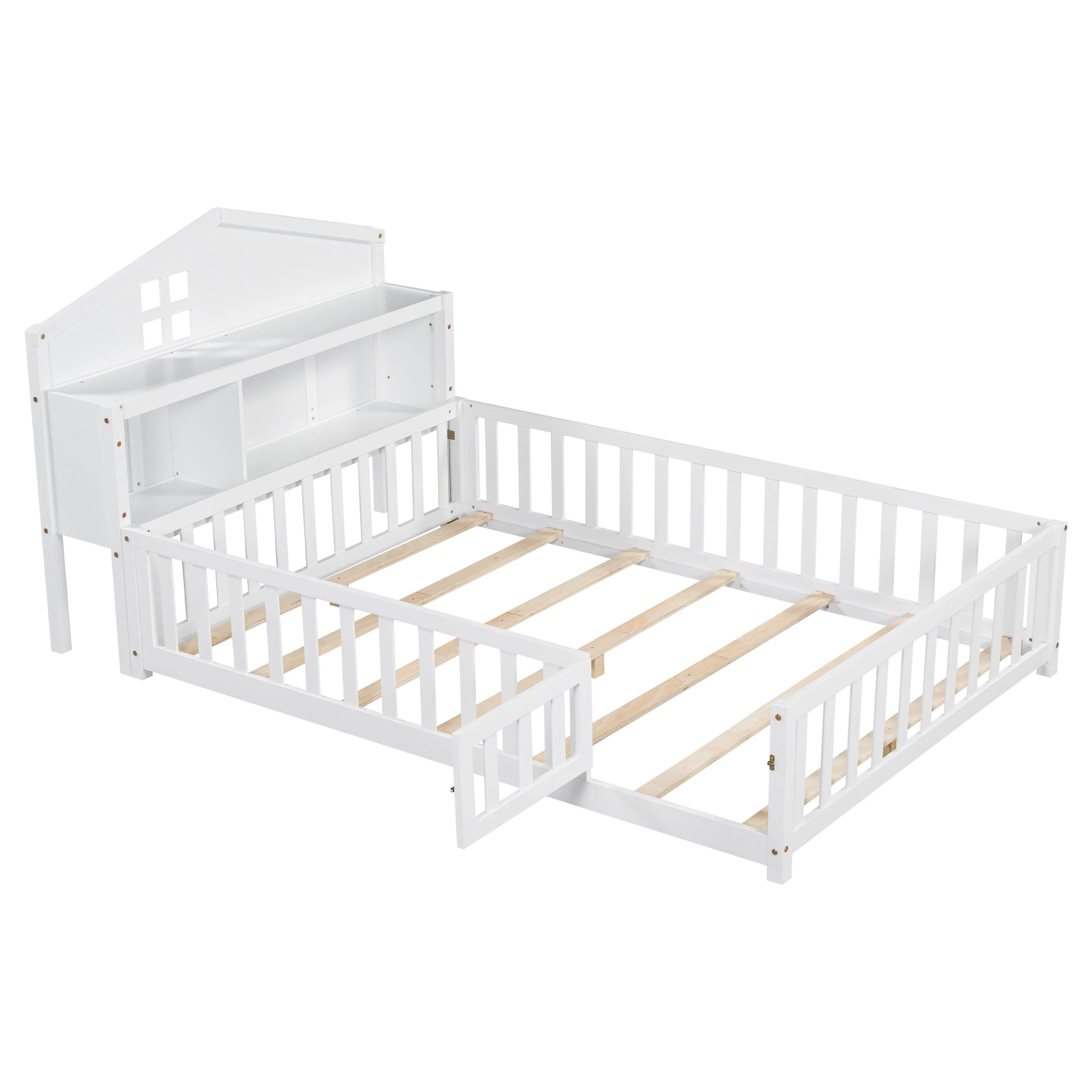 Full-Size Montessori Floor Bed with Built-in Bookcase, Chalkboard, Guardrails, and Storage Headboard for Kids and Teens
