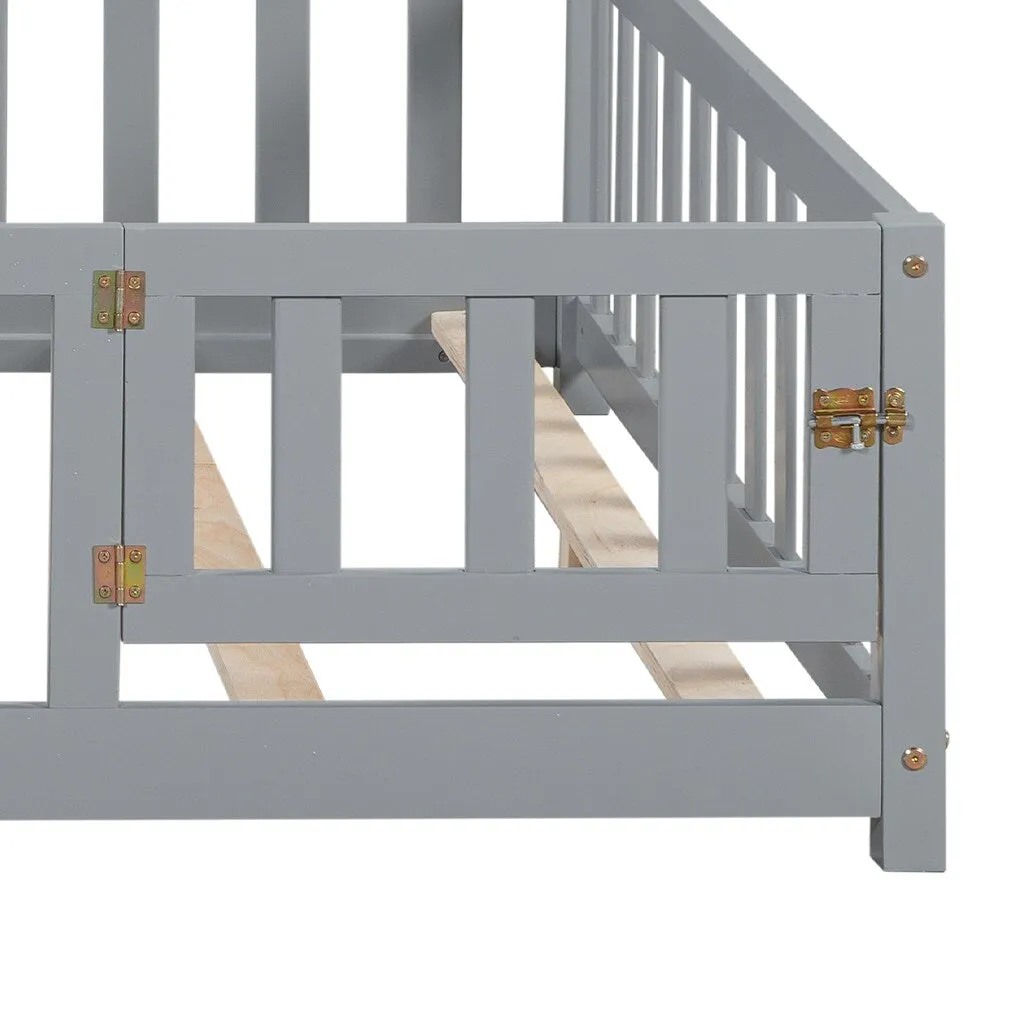 Full-Size Montessori Floor Bed with Built-in Bookcase, Chalkboard, Guardrails, and Storage Headboard for Kids and Teens