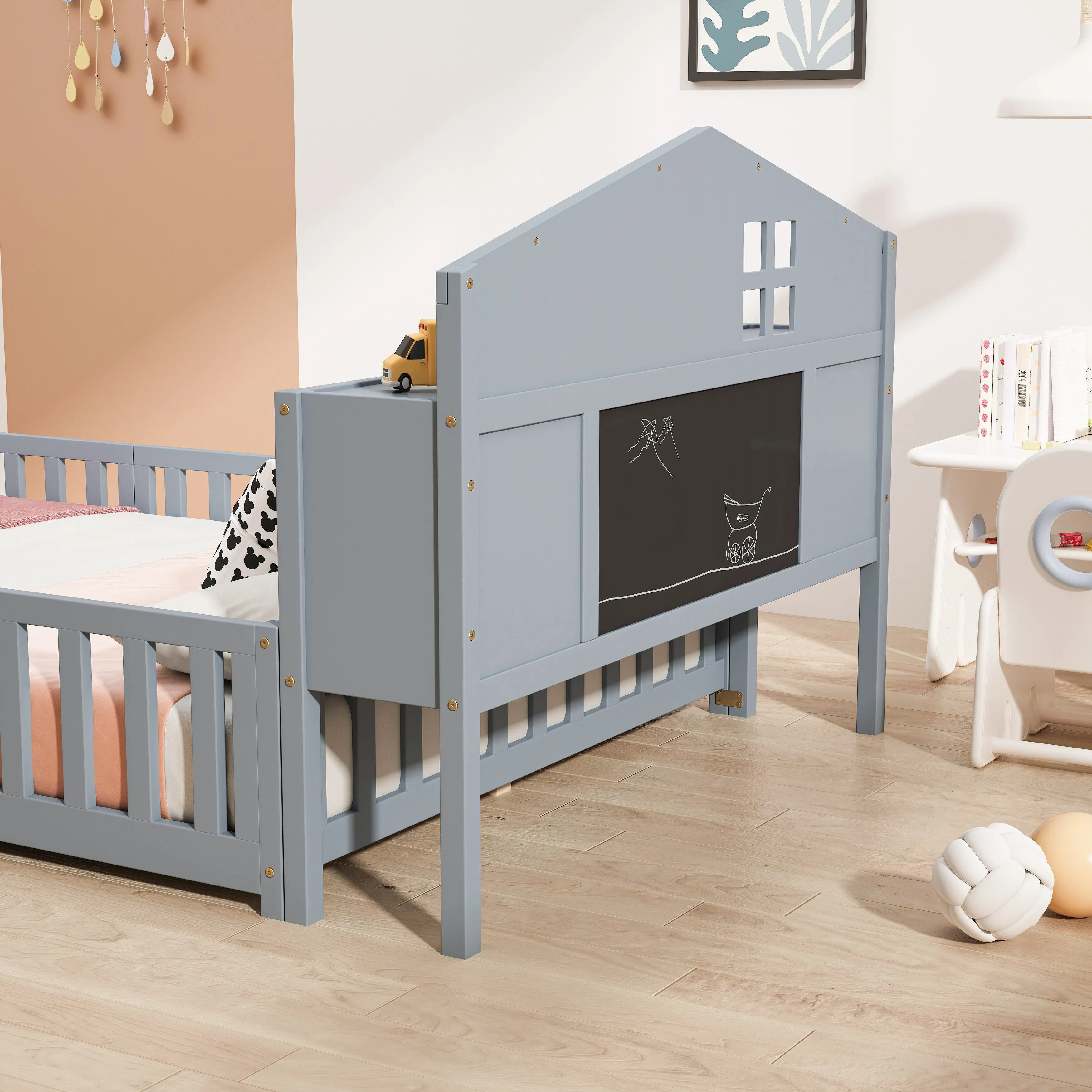 Full-Size Montessori Floor Bed with Built-in Bookcase, Chalkboard, Guardrails, and Storage Headboard for Kids and Teens