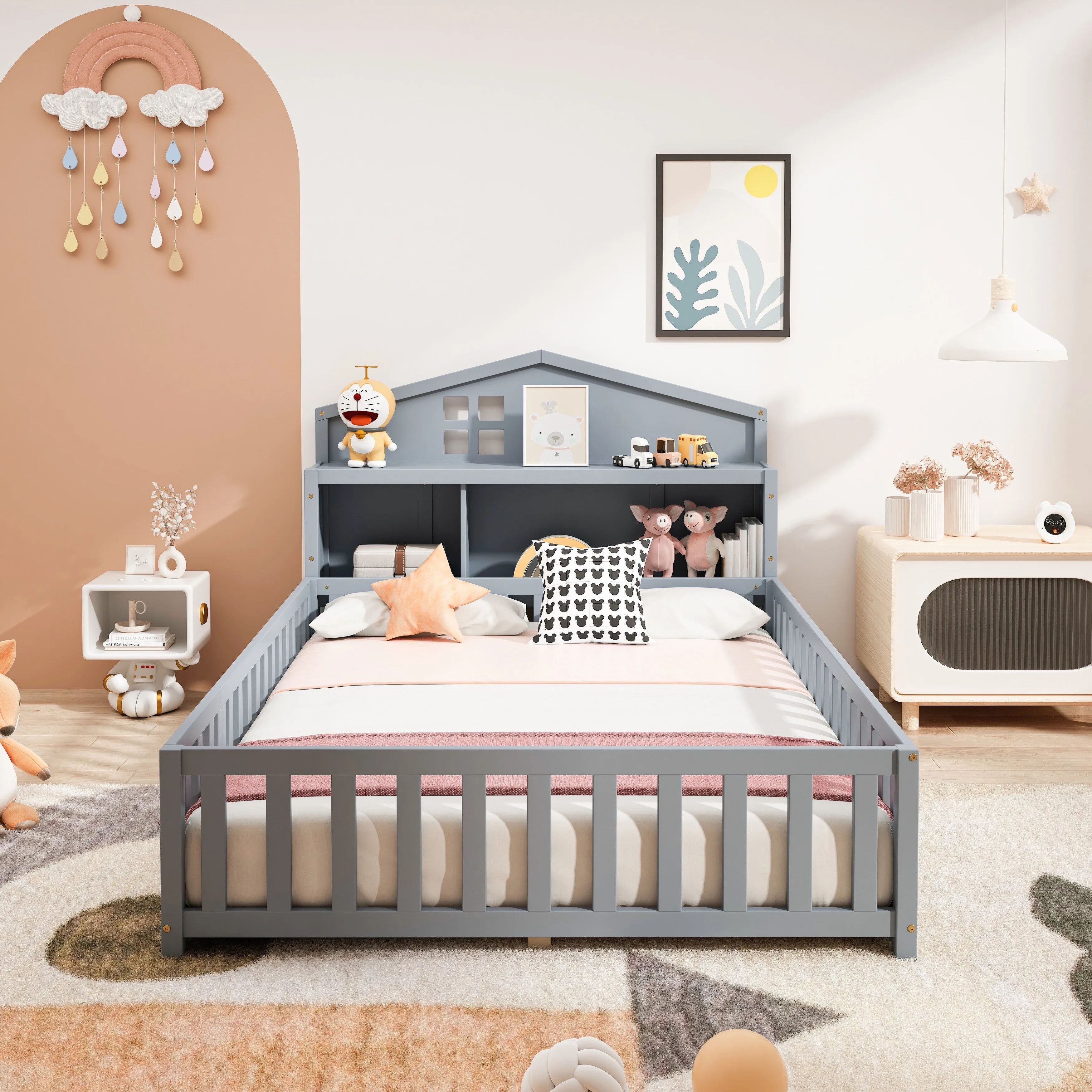 Full-Size Montessori Floor Bed with Built-in Bookcase, Chalkboard, Guardrails, and Storage Headboard for Kids and Teens