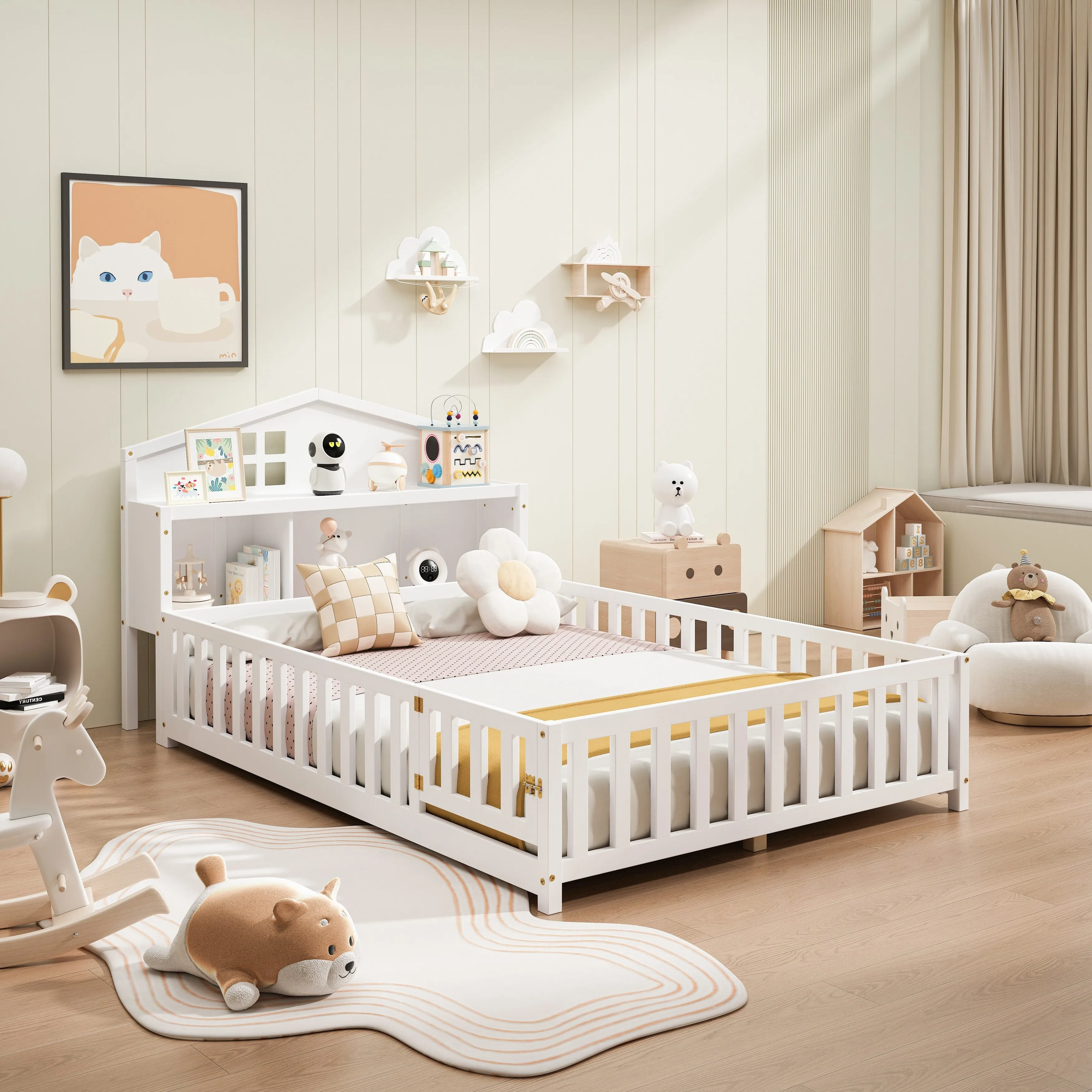 Full-Size Montessori Floor Bed with Built-in Bookcase, Chalkboard, Guardrails, and Storage Headboard for Kids and Teens