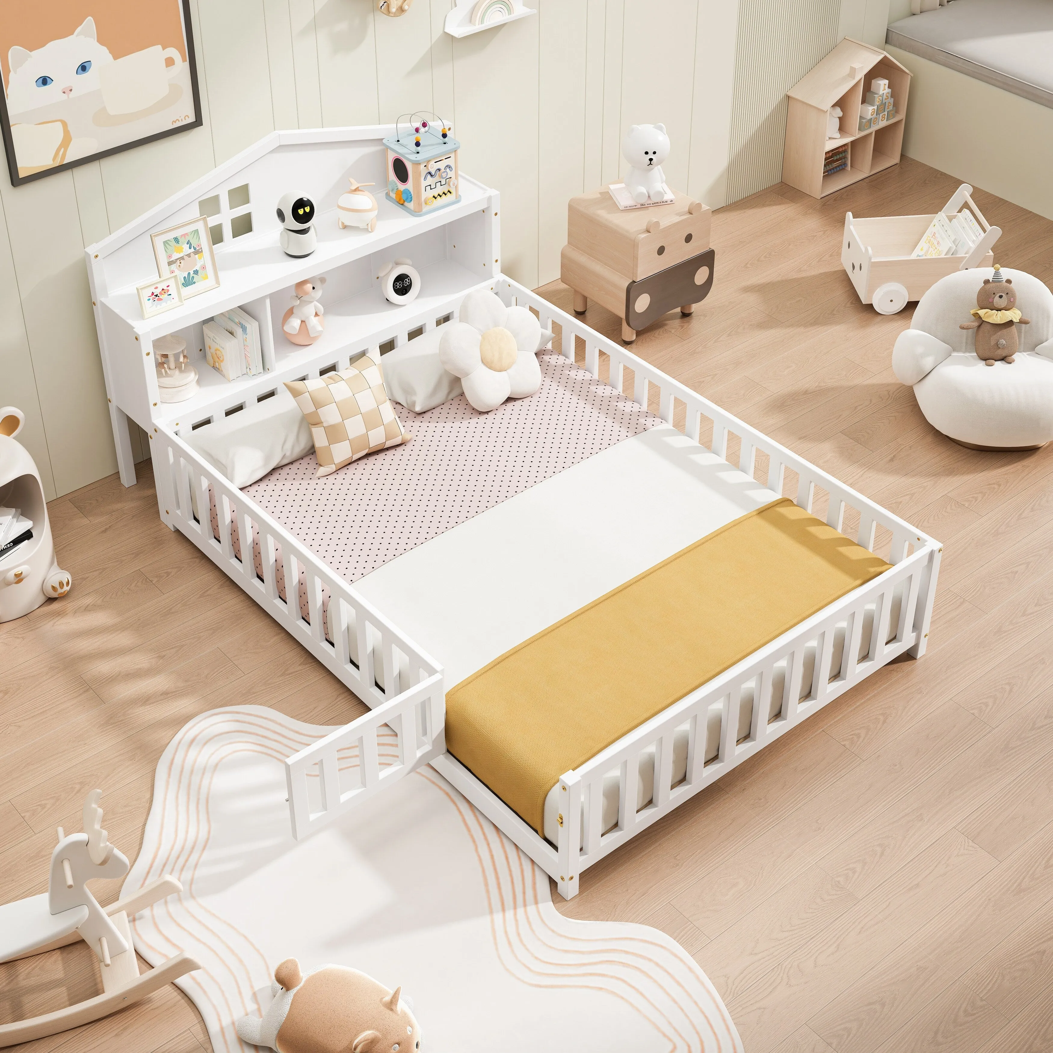 Full-Size Montessori Floor Bed with Built-in Bookcase, Chalkboard, Guardrails, and Storage Headboard for Kids and Teens