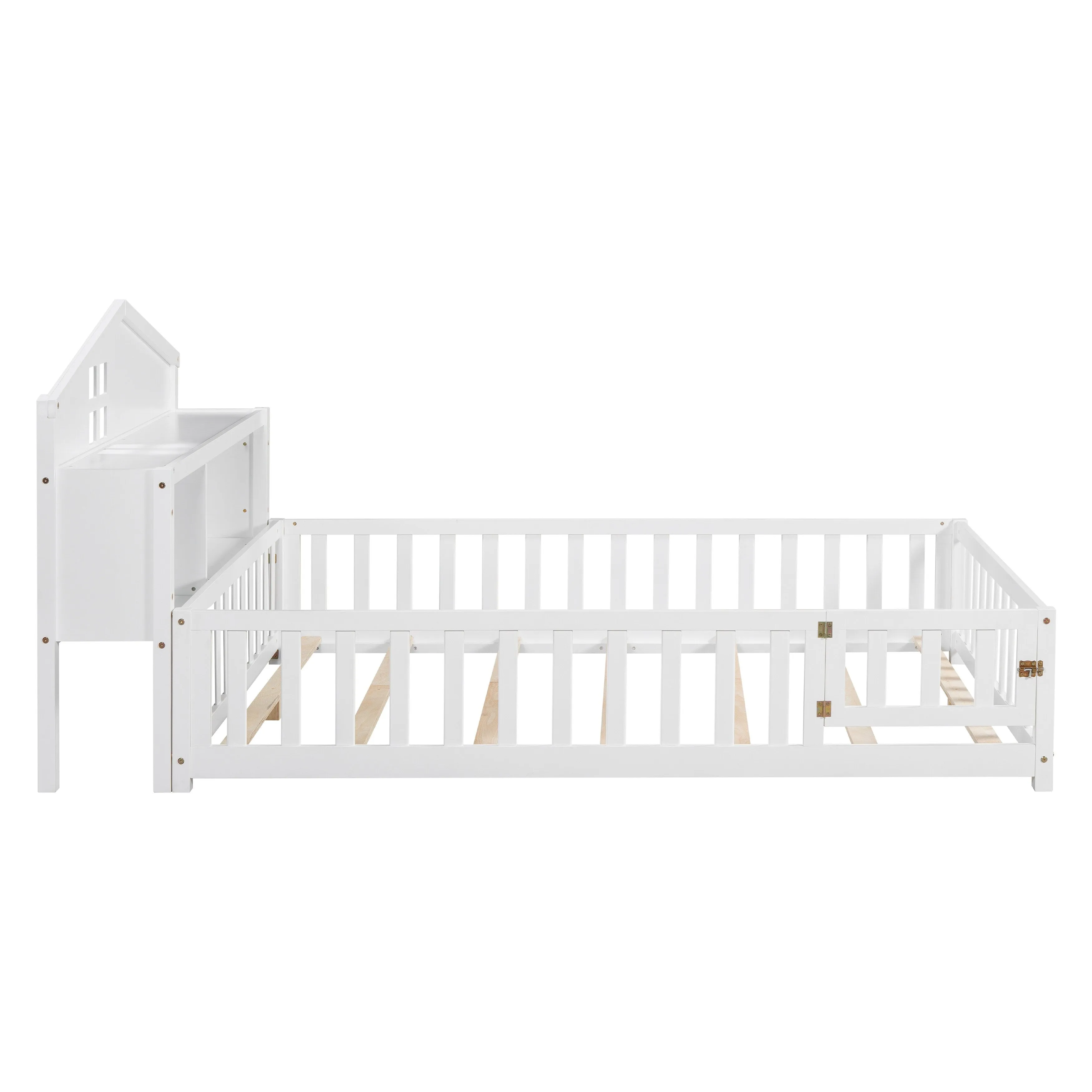 Full-Size Montessori Floor Bed with Built-in Bookcase, Chalkboard, Guardrails, and Storage Headboard for Kids and Teens