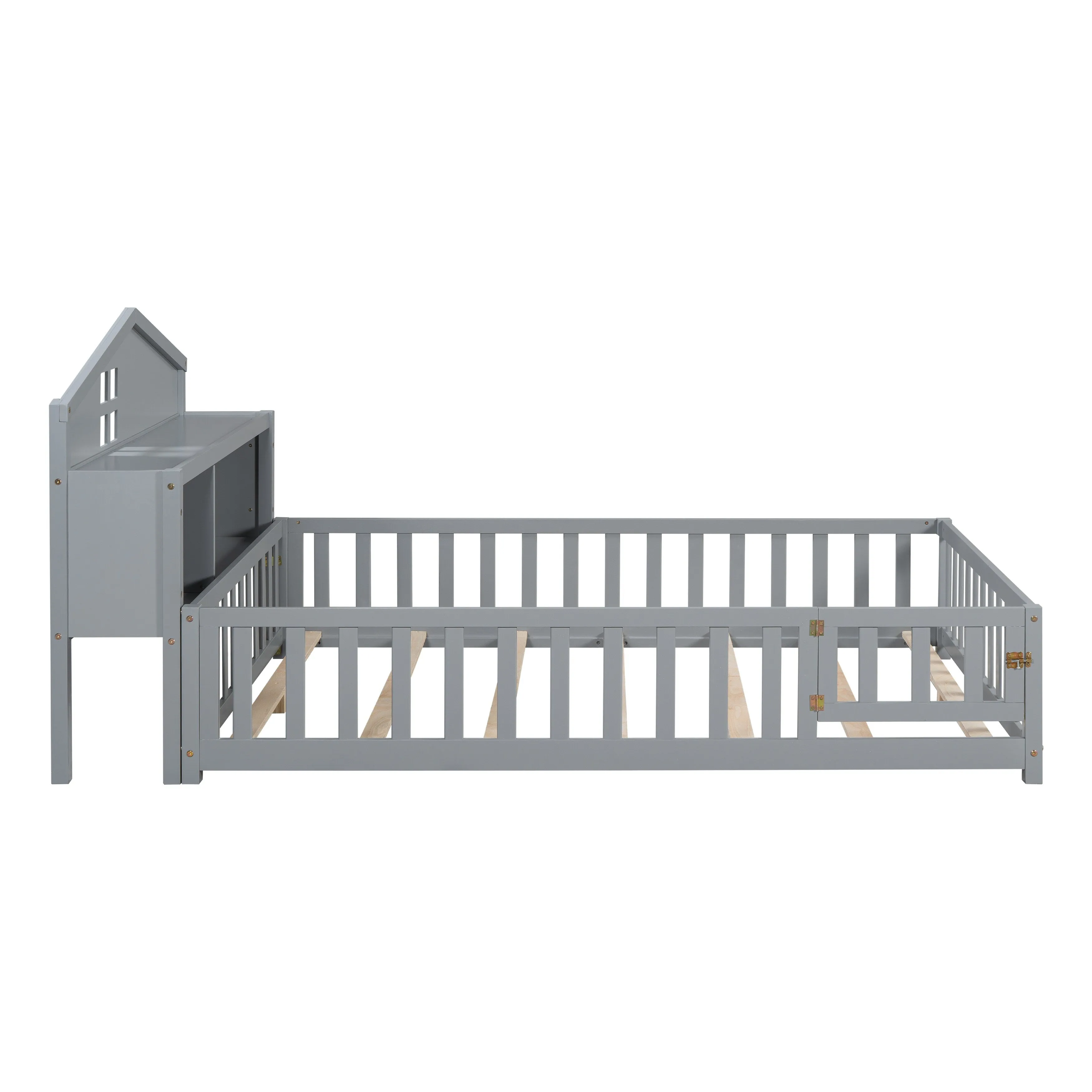 Full-Size Montessori Floor Bed with Built-in Bookcase, Chalkboard, Guardrails, and Storage Headboard for Kids and Teens