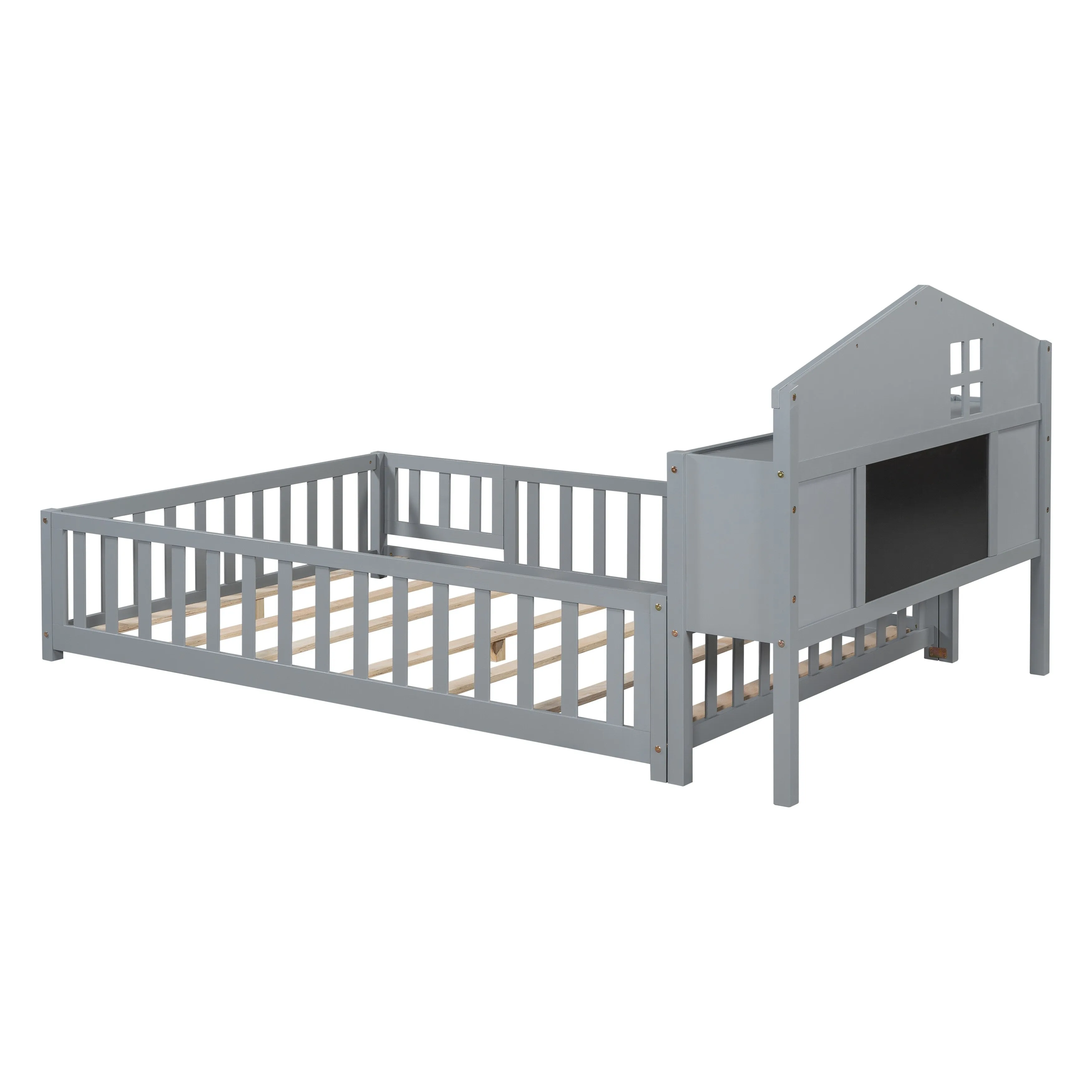 Full-Size Montessori Floor Bed with Built-in Bookcase, Chalkboard, Guardrails, and Storage Headboard for Kids and Teens