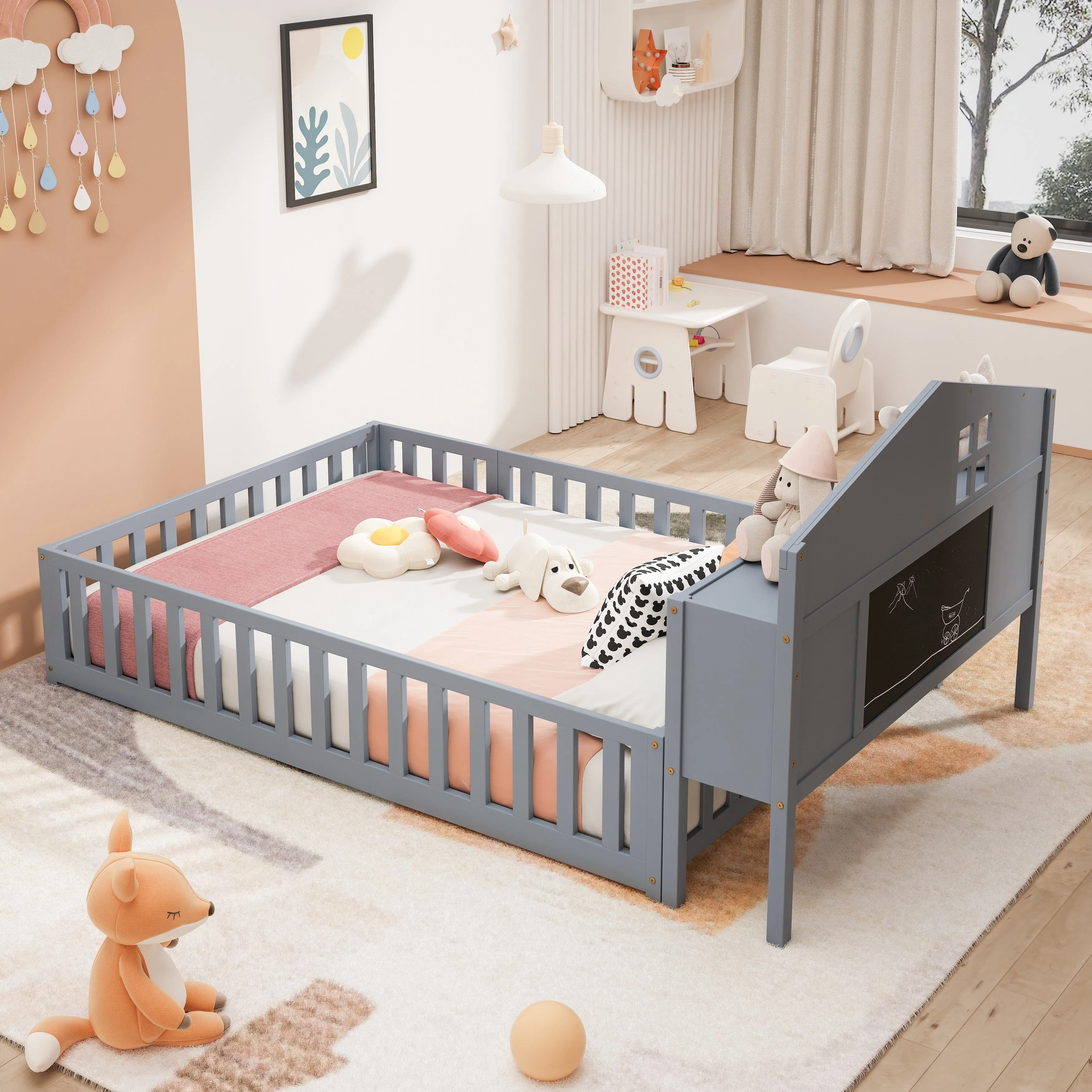 Full-Size Montessori Floor Bed with Built-in Bookcase, Chalkboard, Guardrails, and Storage Headboard for Kids and Teens