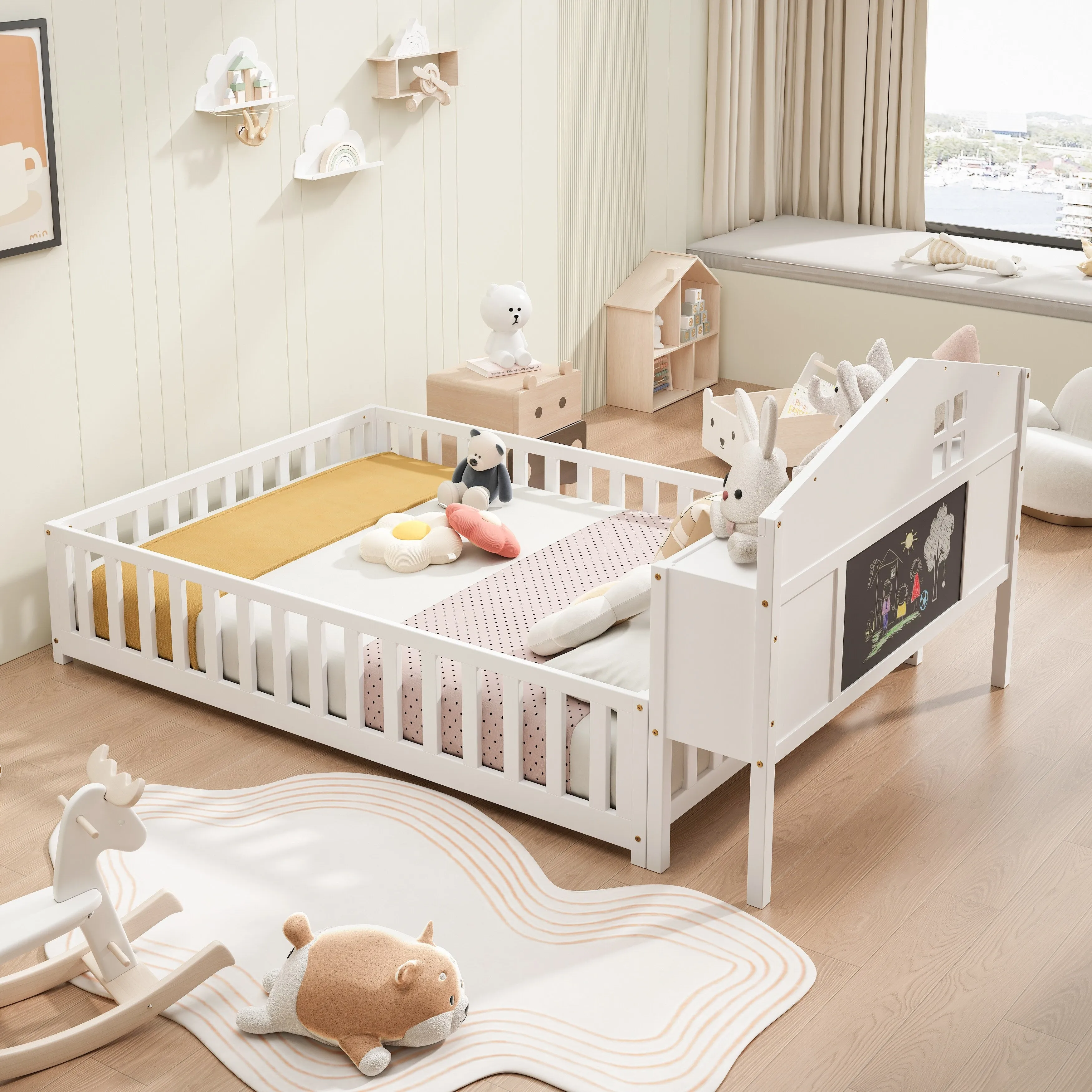 Full-Size Montessori Floor Bed with Built-in Bookcase, Chalkboard, Guardrails, and Storage Headboard for Kids and Teens