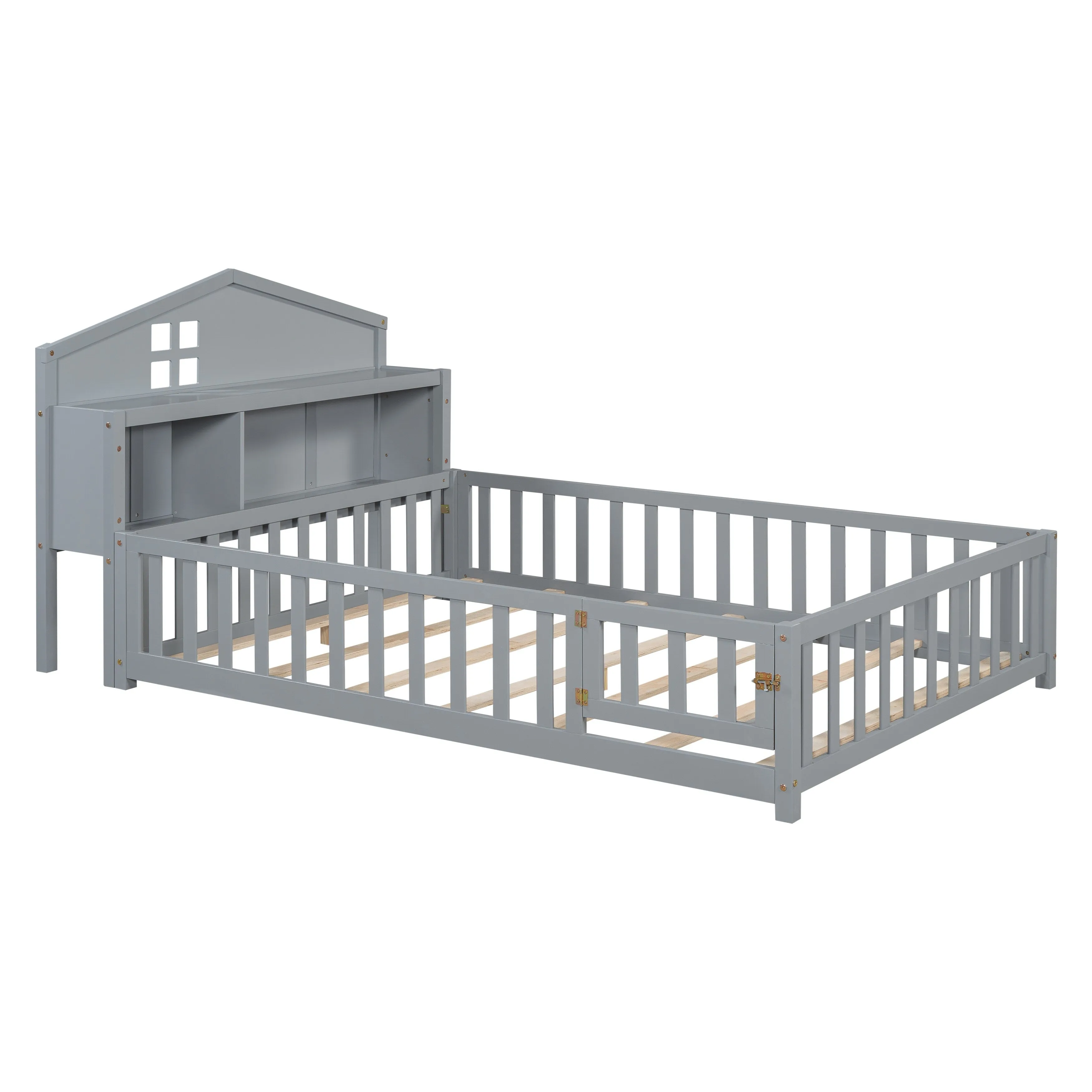 Full-Size Montessori Floor Bed with Built-in Bookcase, Chalkboard, Guardrails, and Storage Headboard for Kids and Teens