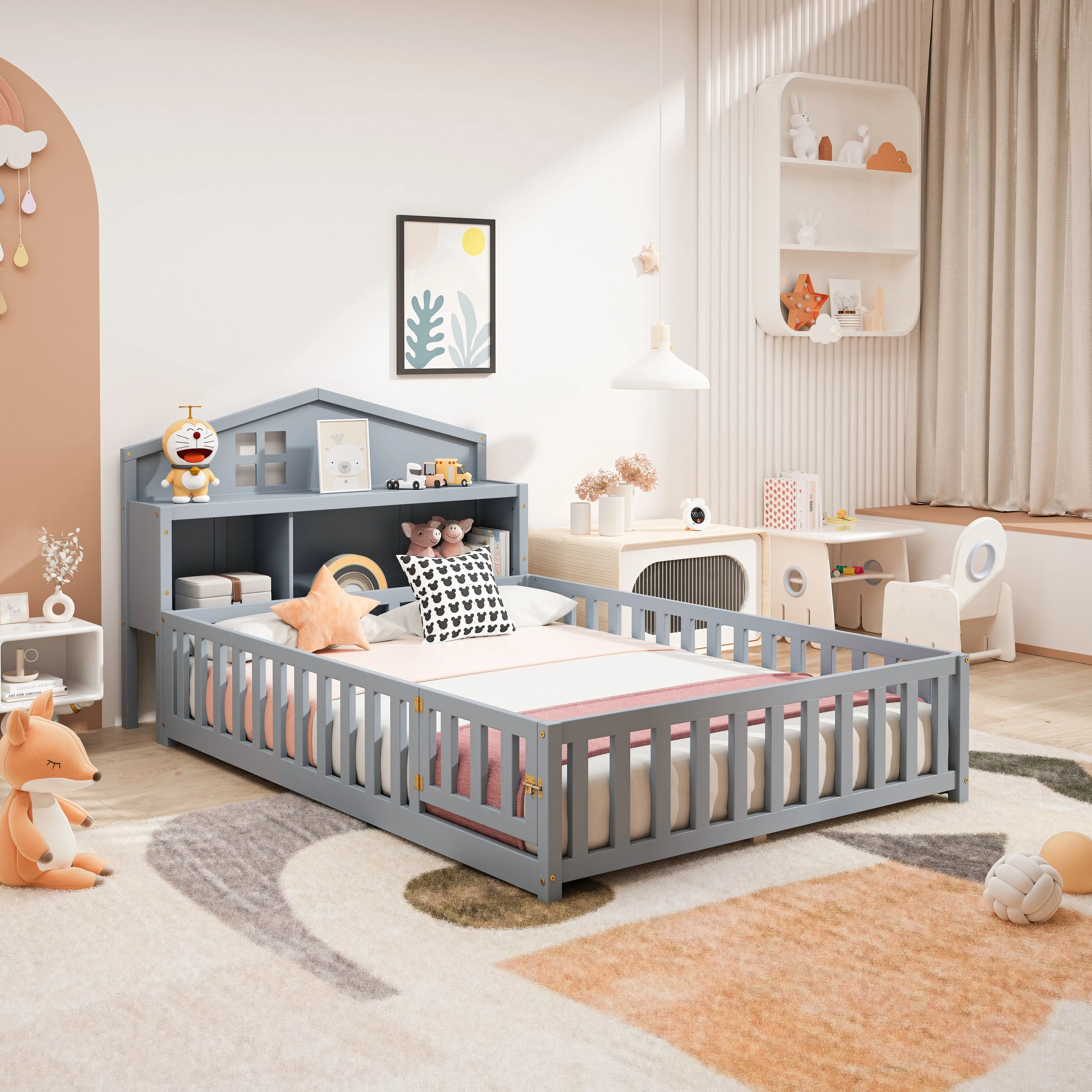 Full-Size Montessori Floor Bed with Built-in Bookcase, Chalkboard, Guardrails, and Storage Headboard for Kids and Teens