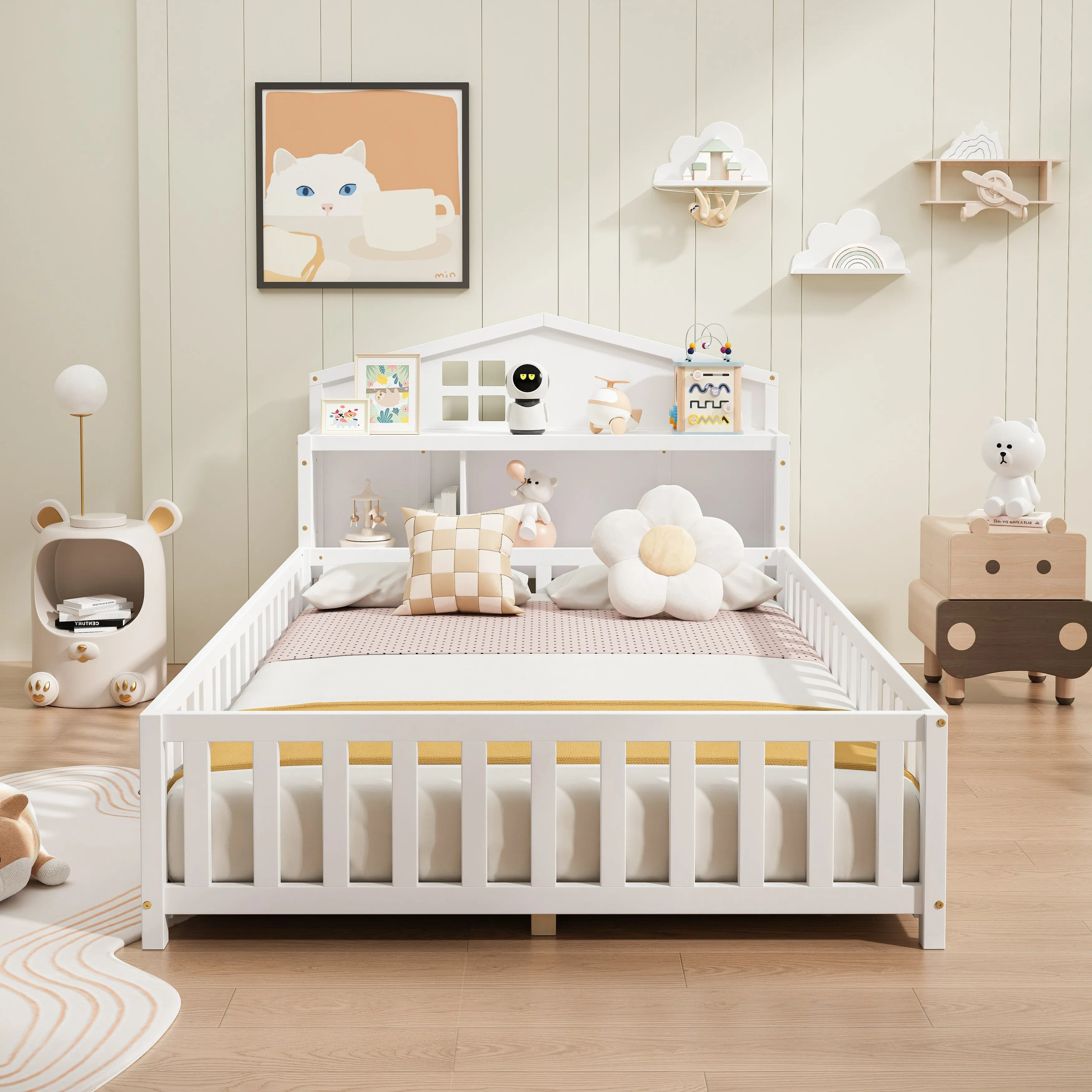 Full-Size Montessori Floor Bed with Built-in Bookcase, Chalkboard, Guardrails, and Storage Headboard for Kids and Teens